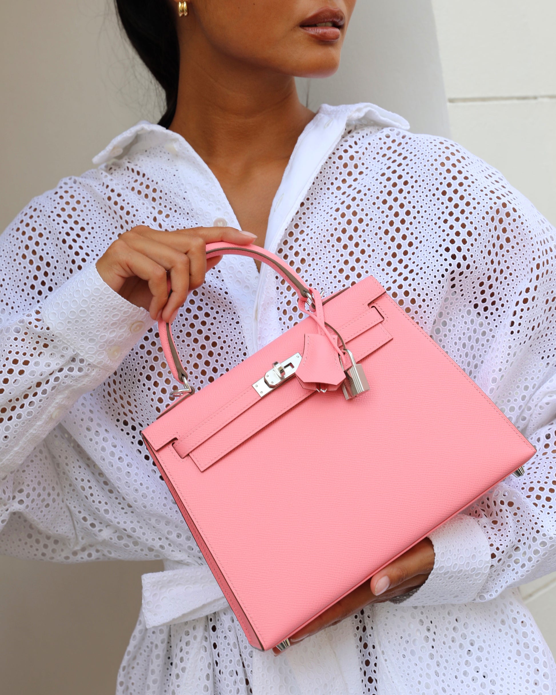 Hermes Kelly Sellier 25cm Bag in Rose Confetti Epsom Leather with Palladium Hardware