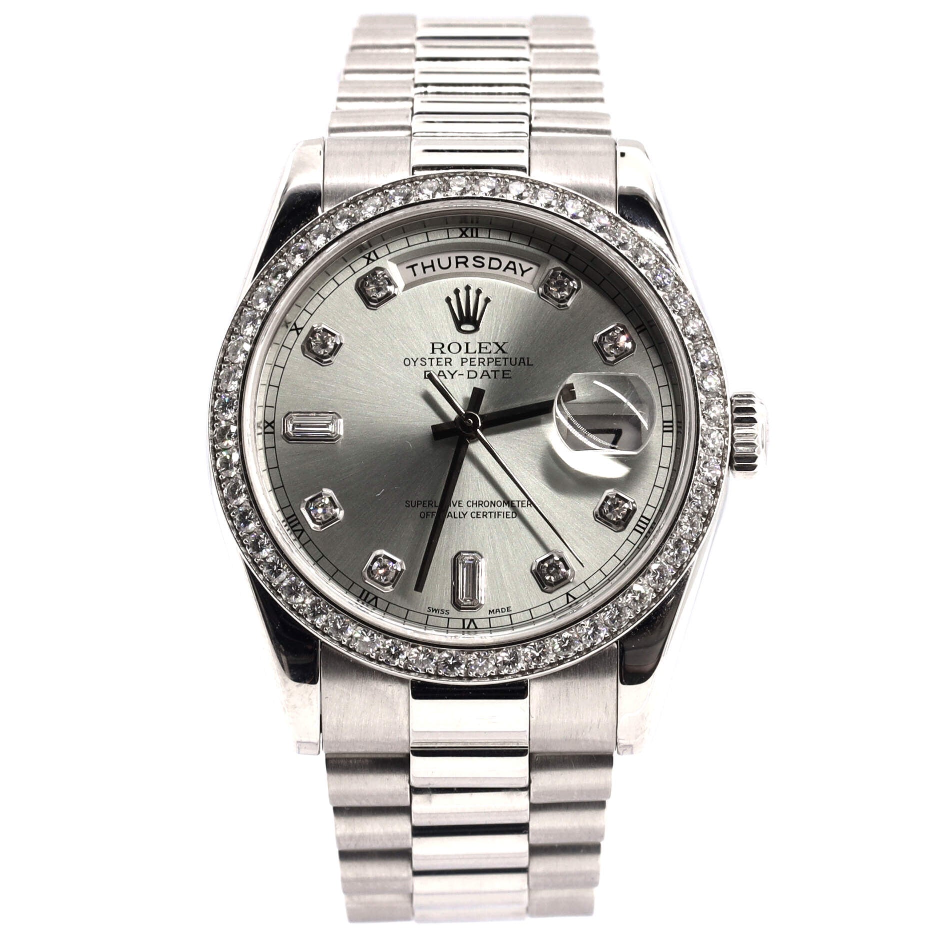 Rolex Oyster Perpetual President Day-Date Ice Blue Automatic Watch Platinum with Diamond Bezel and Round and Baguette Diamond Markers 36