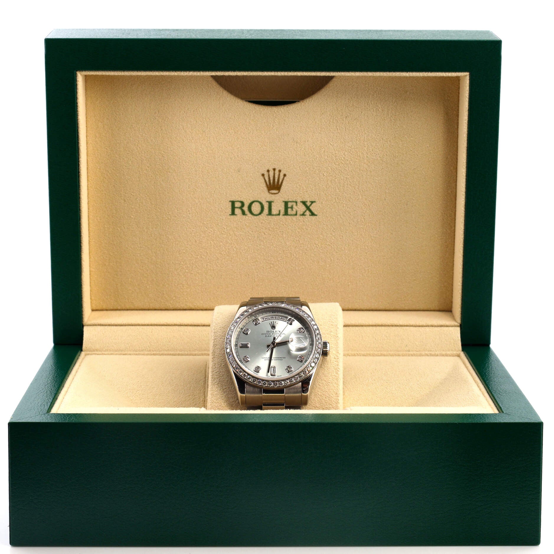 Rolex Oyster Perpetual President Day-Date Ice Blue Automatic Watch Platinum with Diamond Bezel and Round and Baguette Diamond Markers 36