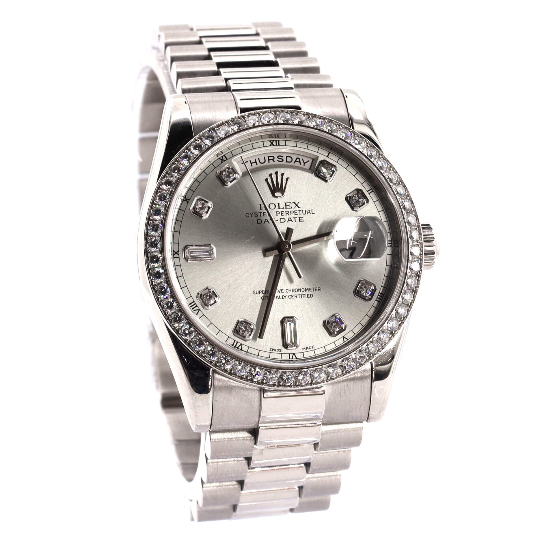 Rolex Oyster Perpetual President Day-Date Ice Blue Automatic Watch Platinum with Diamond Bezel and Round and Baguette Diamond Markers 36