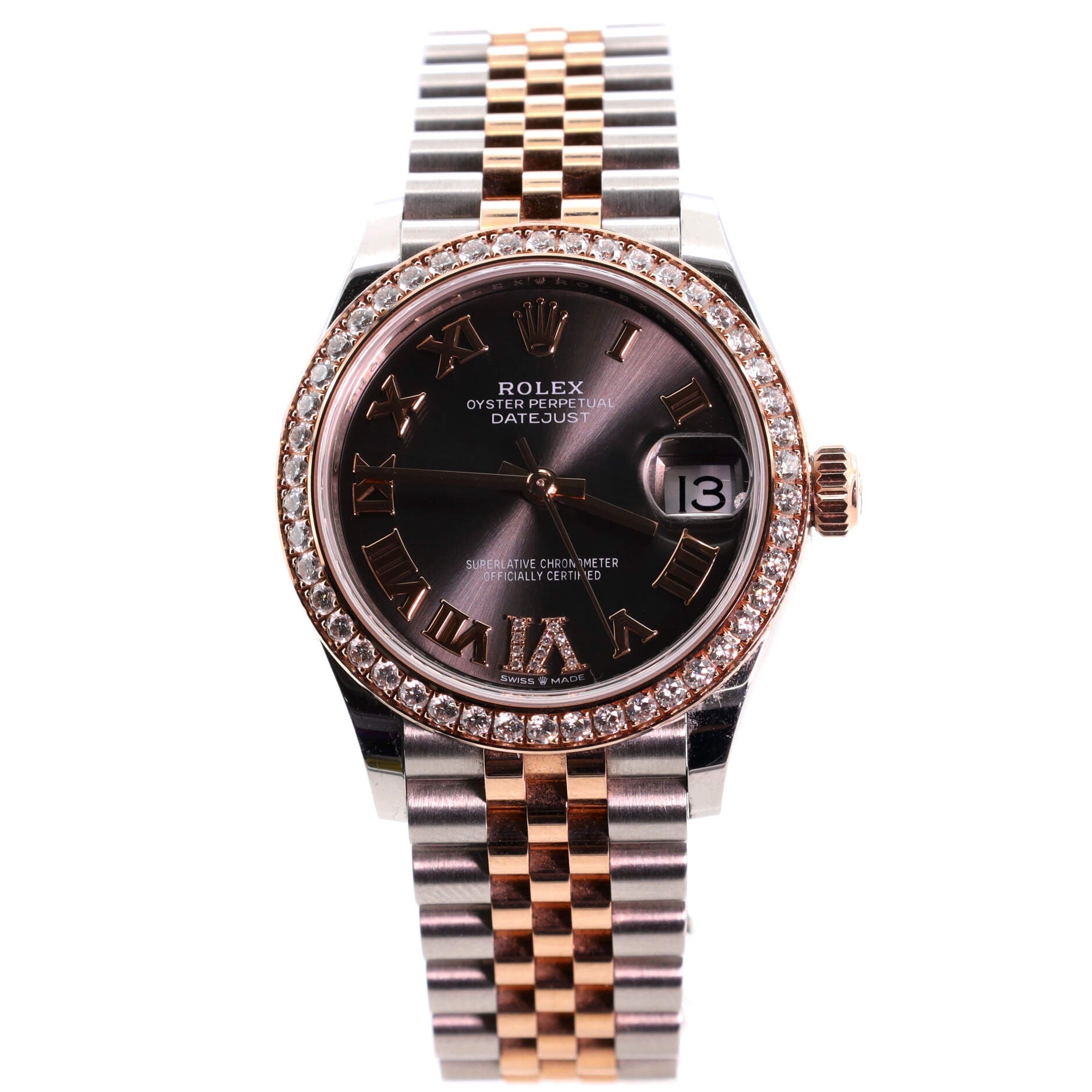 Rolex Oyster Perpetual Datejust Automatic Watch Stainless Steel and Rose Gold with Diamond Bezel and VI Numeral 31