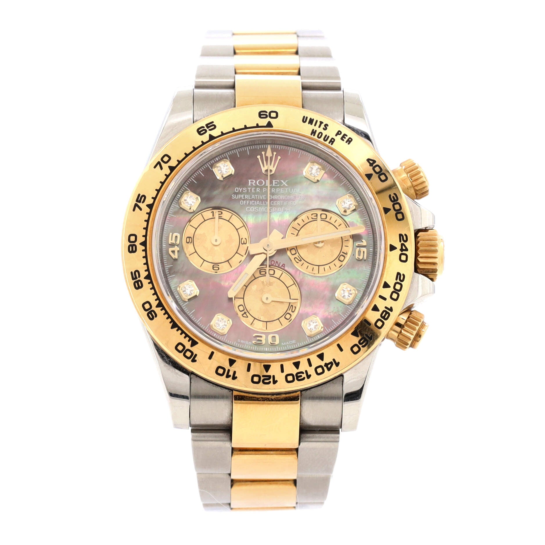 Rolex Oyster Perpetual Cosmograph Daytona Automatic Watch Stainless Steel and Yellow Gold with Mother of Pearl and Diamond Markers 40