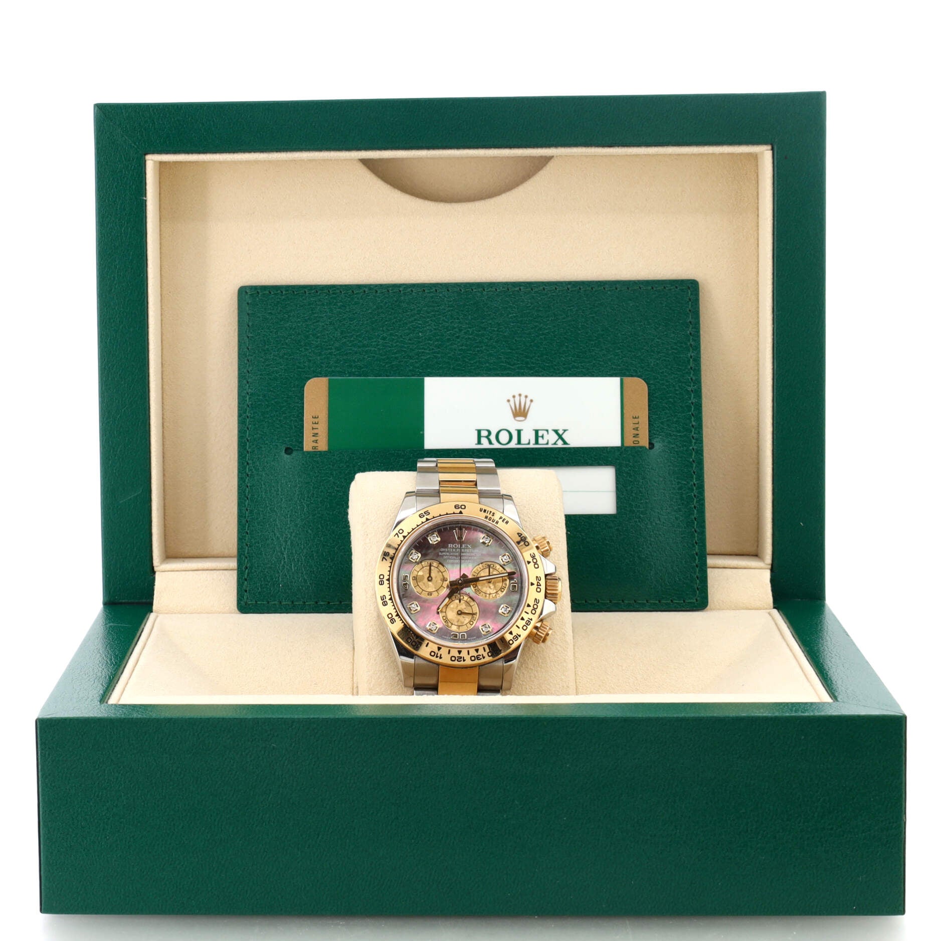 Rolex Oyster Perpetual Cosmograph Daytona Automatic Watch Stainless Steel and Yellow Gold with Mother of Pearl and Diamond Markers 40