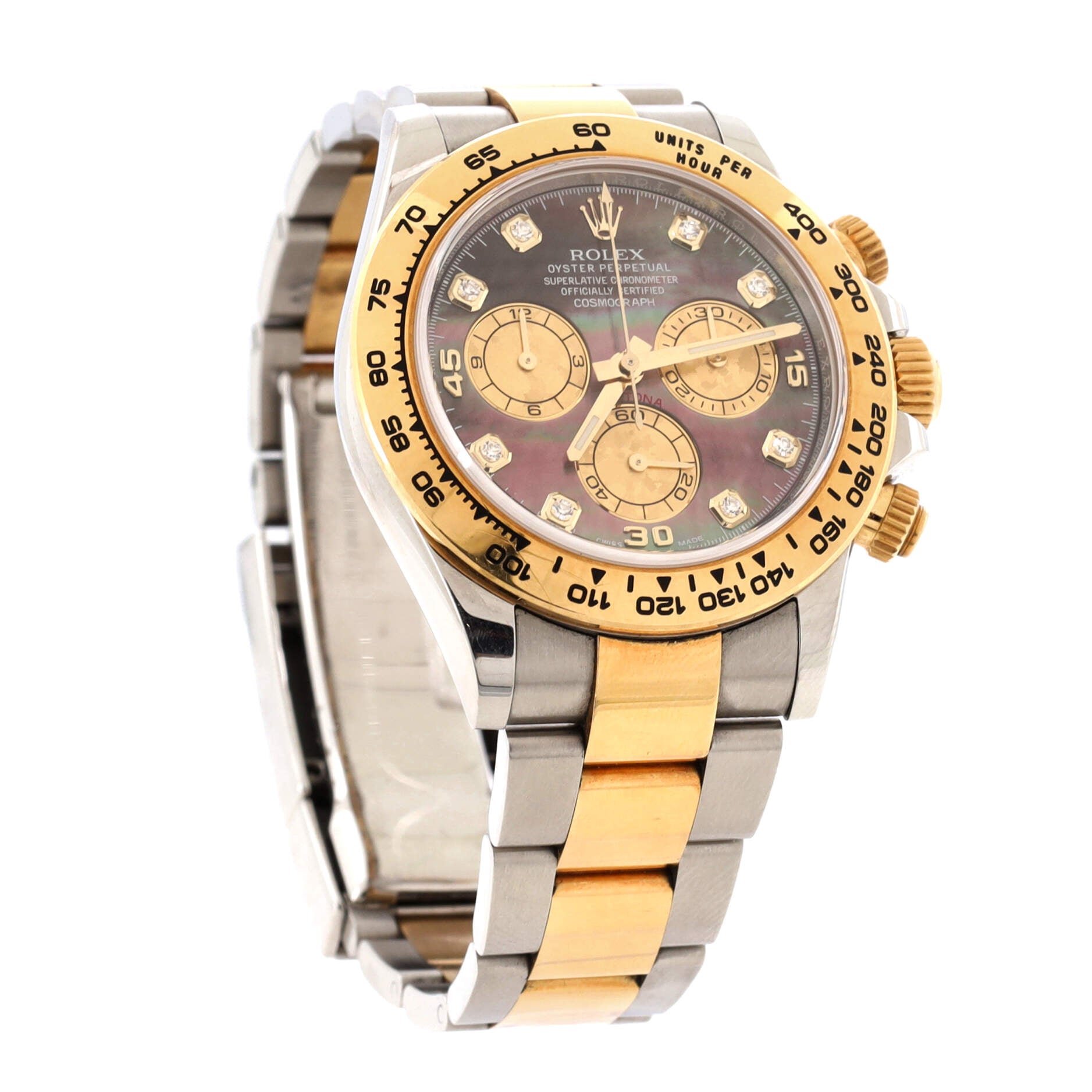Rolex Oyster Perpetual Cosmograph Daytona Automatic Watch Stainless Steel and Yellow Gold with Mother of Pearl and Diamond Markers 40