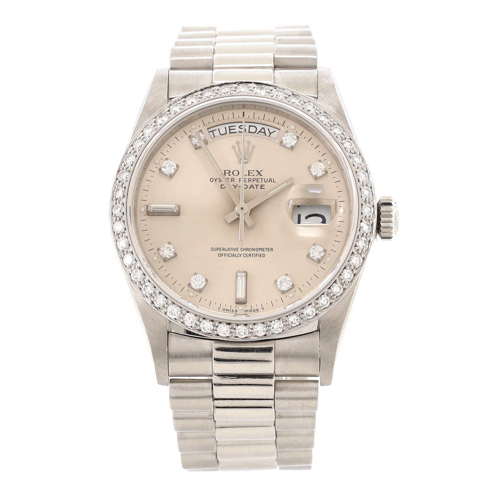 Rolex Oyster Perpetual President Day-Date Automatic Watch Platinum with Diamond Bezel and Round and Baguette Diamond Markers 36