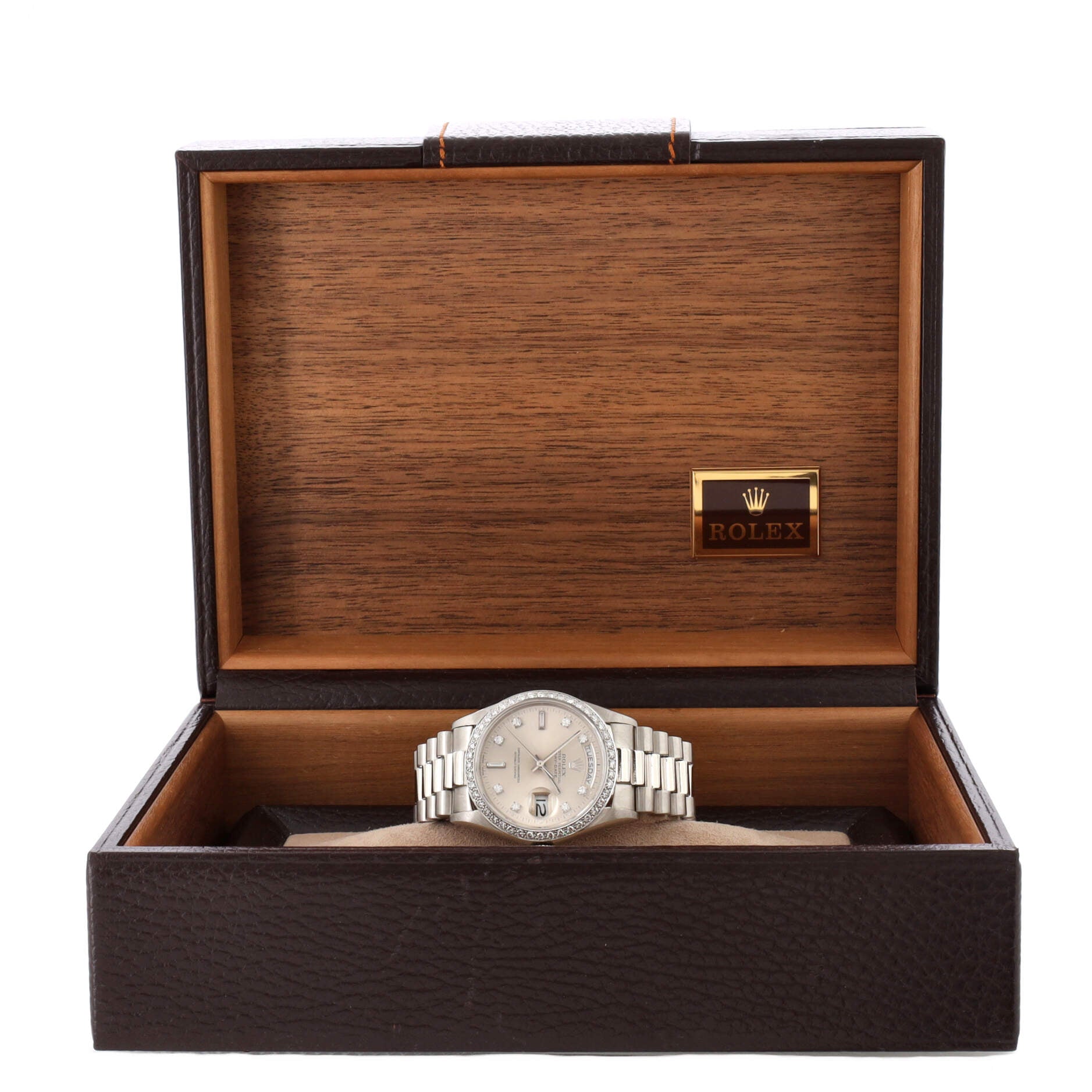 Rolex Oyster Perpetual President Day-Date Automatic Watch Platinum with Diamond Bezel and Round and Baguette Diamond Markers 36