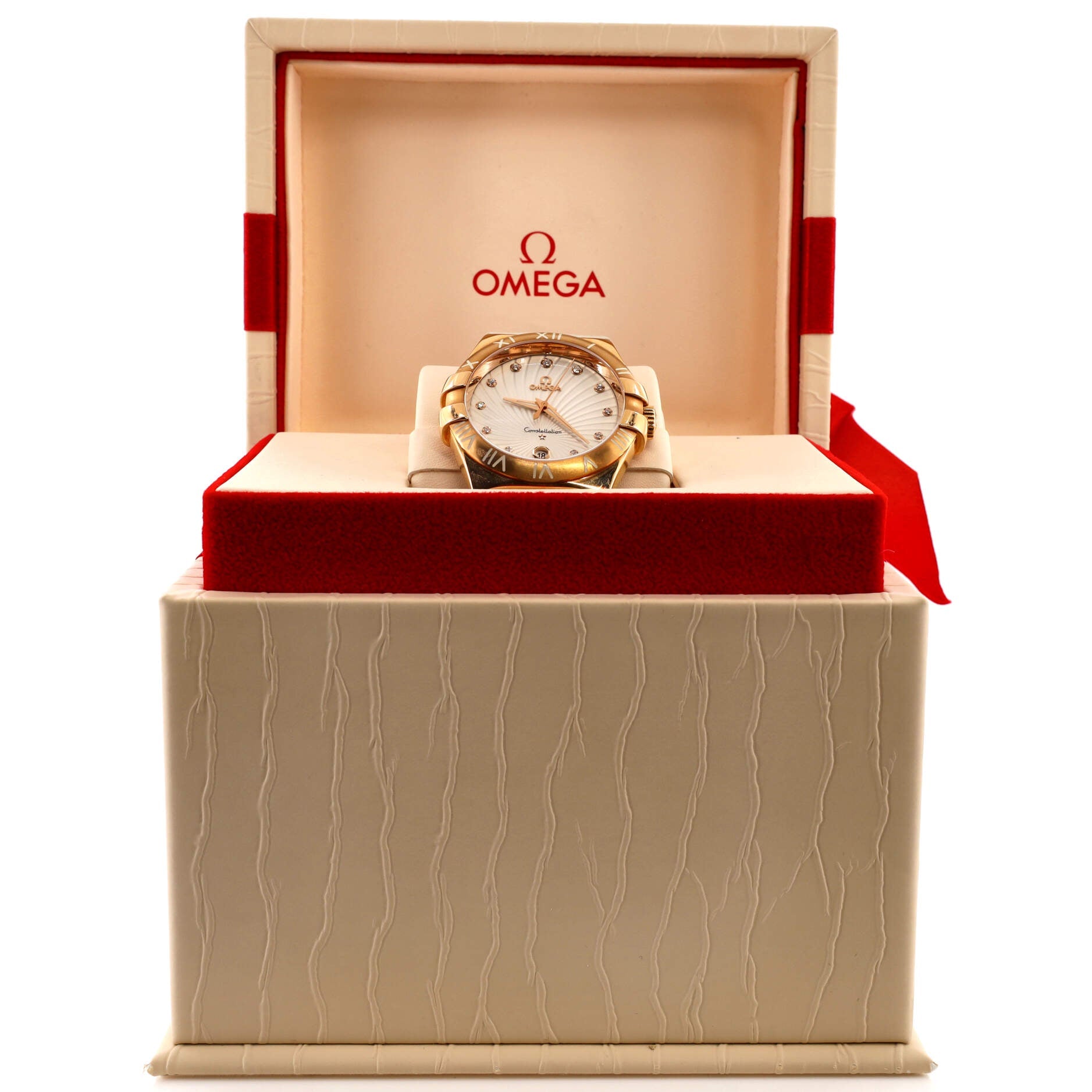 Omega Constellation Quartz Watch Rose Gold and Alligator with Diamond Markers 35
