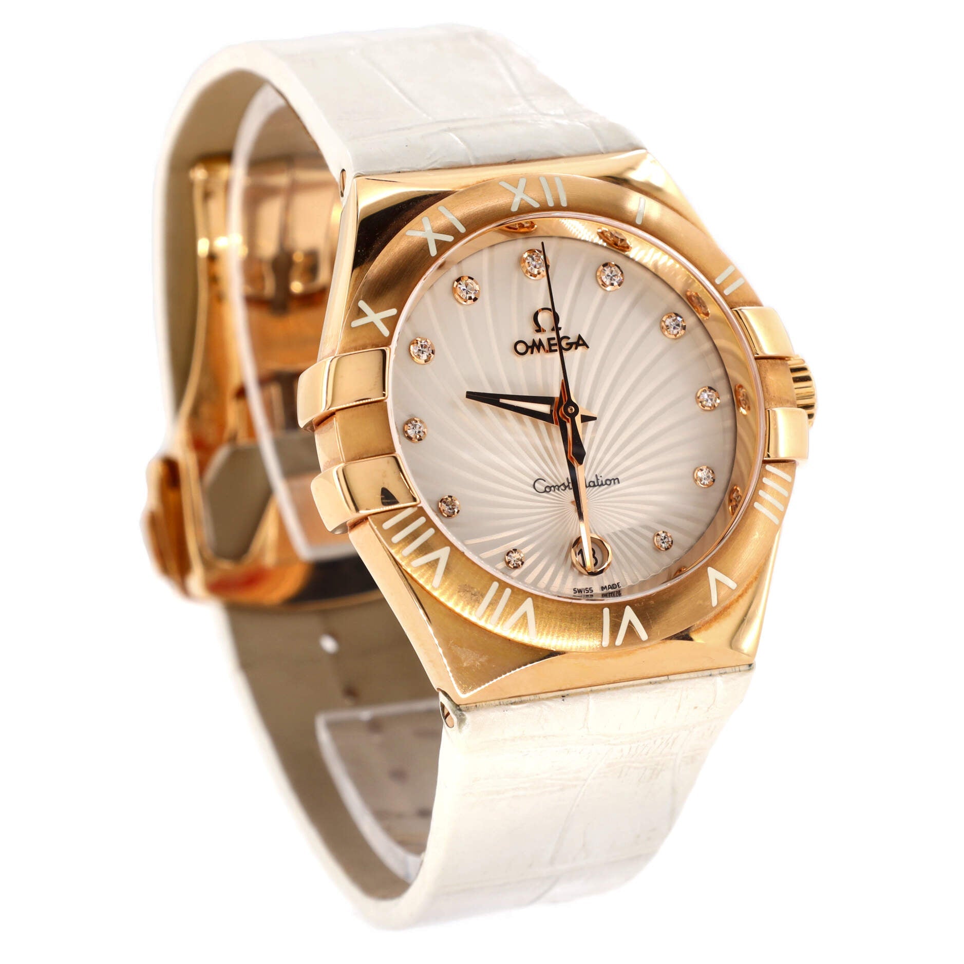 Omega Constellation Quartz Watch Rose Gold and Alligator with Diamond Markers 35