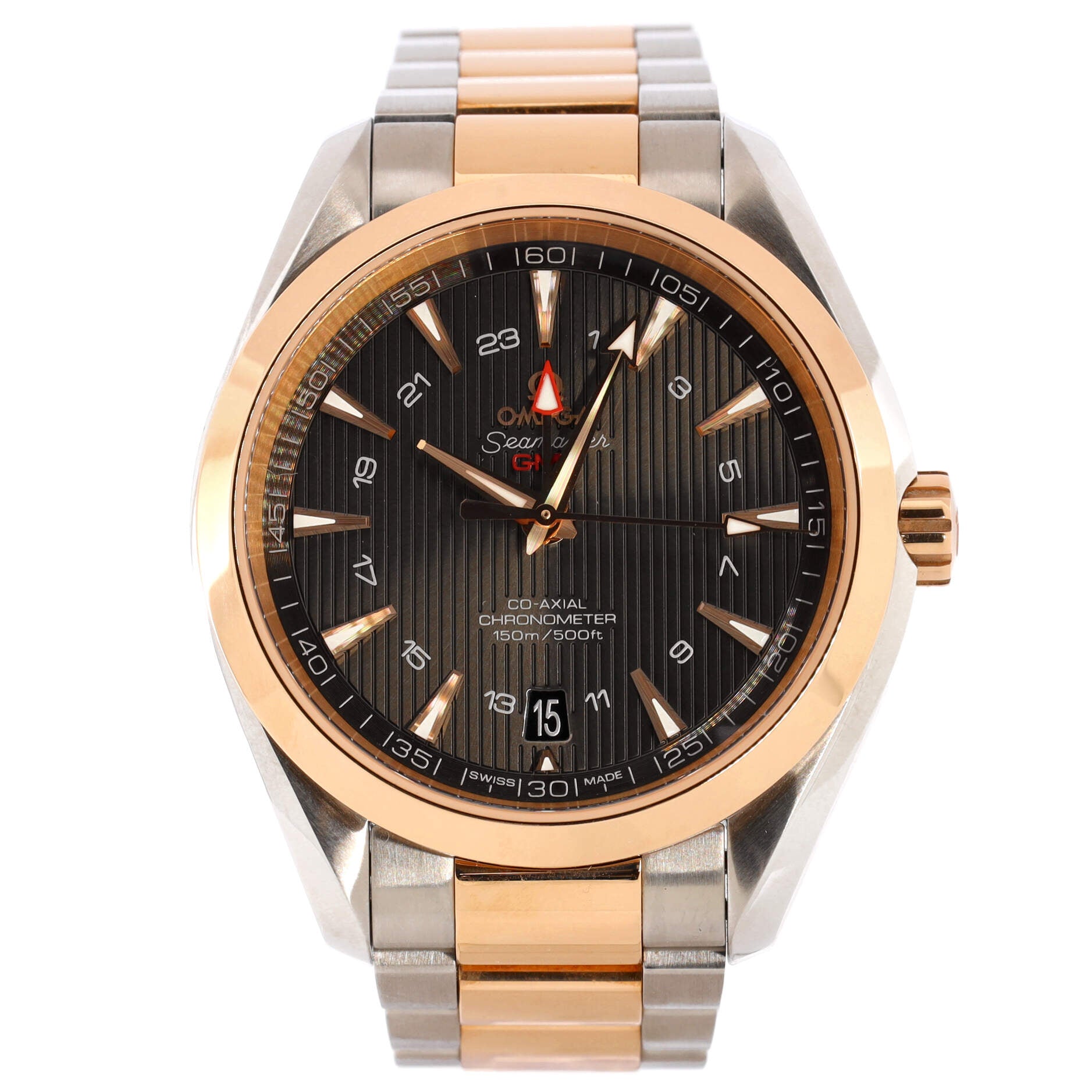 Omega Seamaster Aqua Terra 150M Co‑Axial Chronometer GMT Automatic Watch Stainless Steel and Rose Gold 43