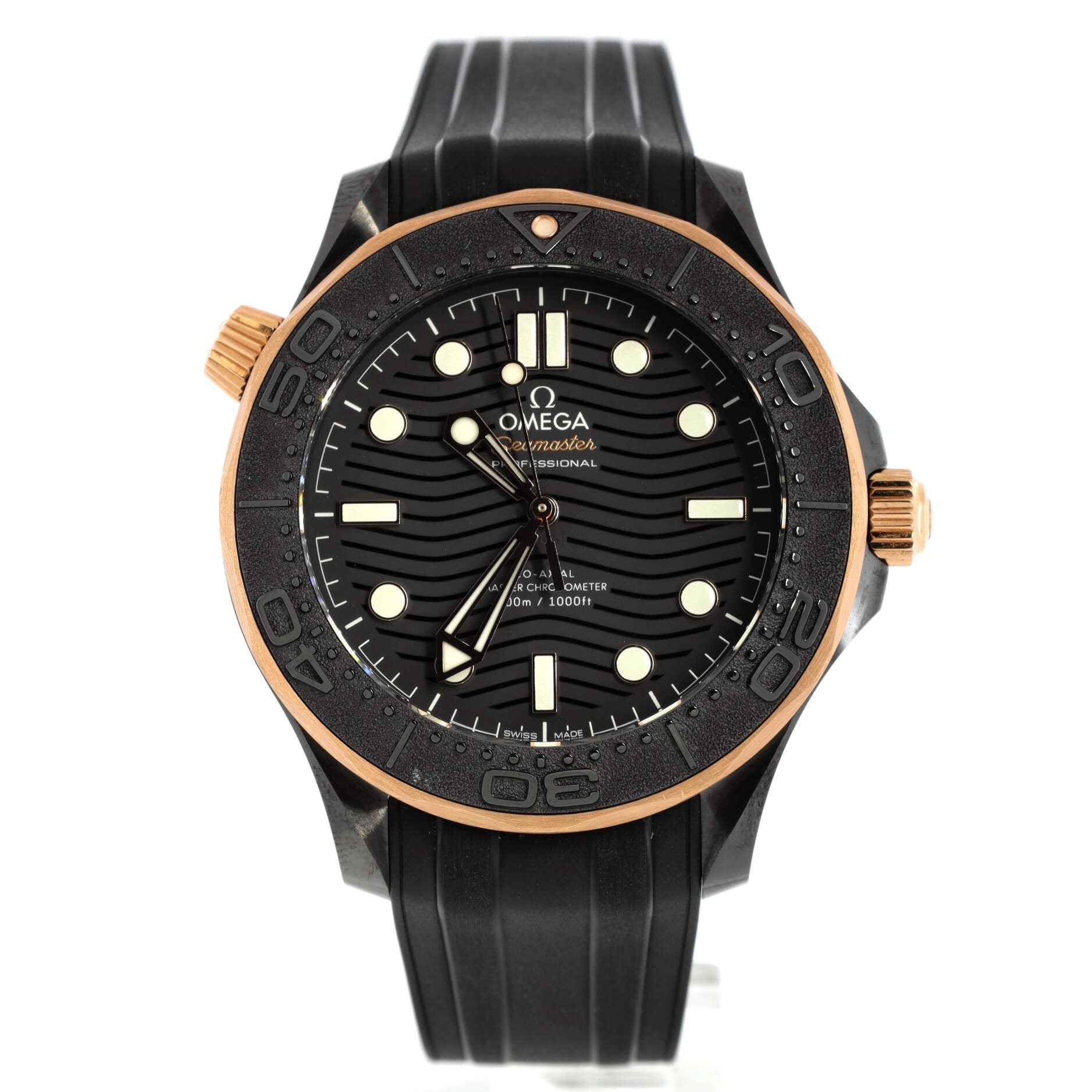 Omega Seamaster Professional Diver 300M Co-Axial Master Chronometer Automatic Watch Ceramic and Sedna Gold with Rubber 44