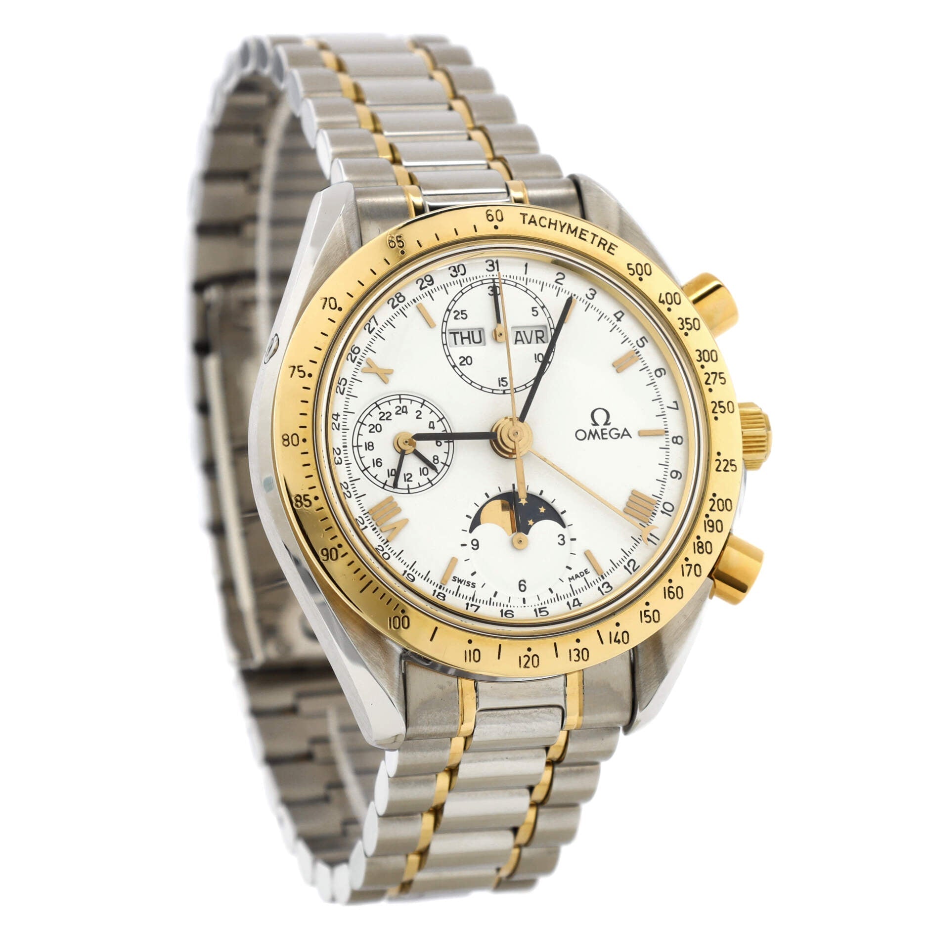 Omega Speedmaster Triple Calendar Moon Phase Chronograph Automatic Watch Stainless Steel and Yellow Gold 39