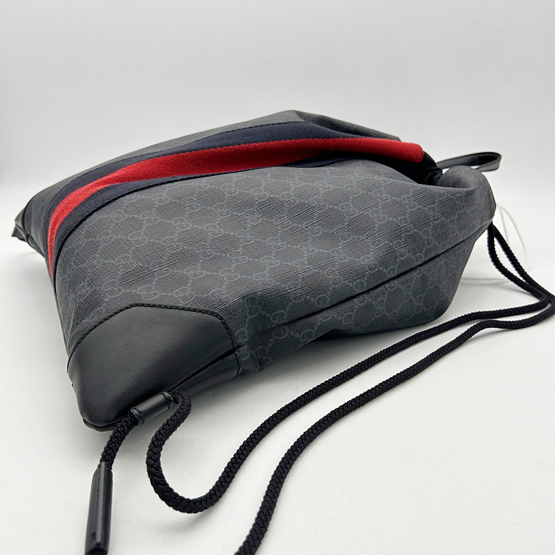 GUCCI Soft GG Supreme Monogram Appia Calfskin Web Drawstring Backpack Black LA2292