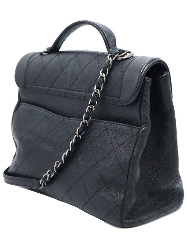 Chanel A90394 Black Calfskin Quilted Silver Satchel Chain Tote 2WAY 20s