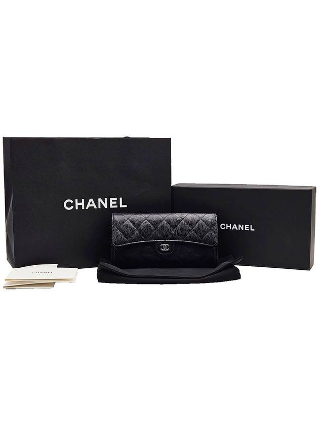 Chanel AP0241 Black Caviar Silver CC Logo Classic Long Flap Wallet