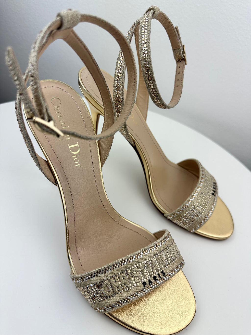 Dior Dway Heeled Sandal Gold-Tone Cotton Embroidered with Metallic & Strass