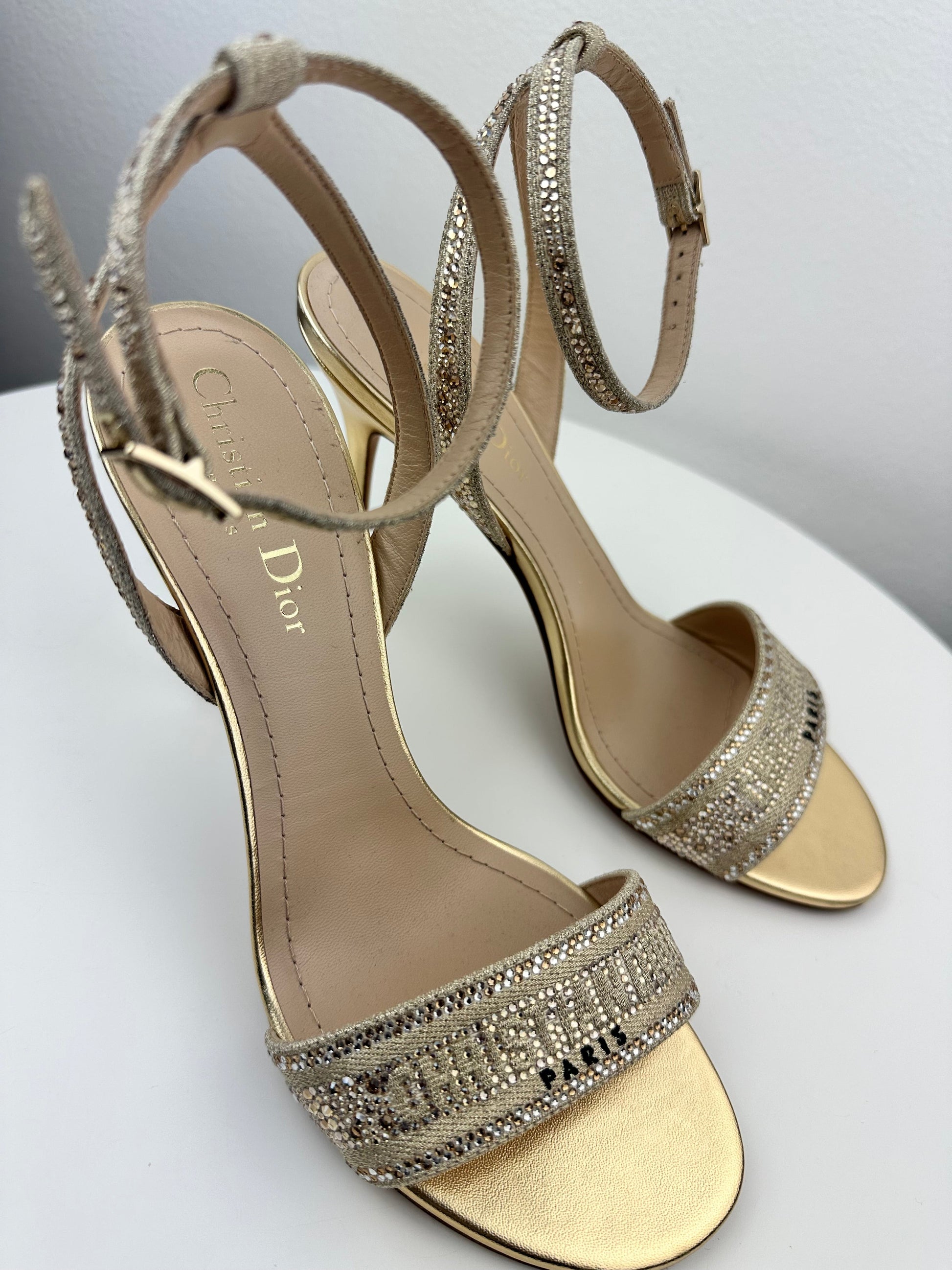 Dior Dway Heeled Sandal Gold-Tone Cotton Embroidered with Metallic & Strass