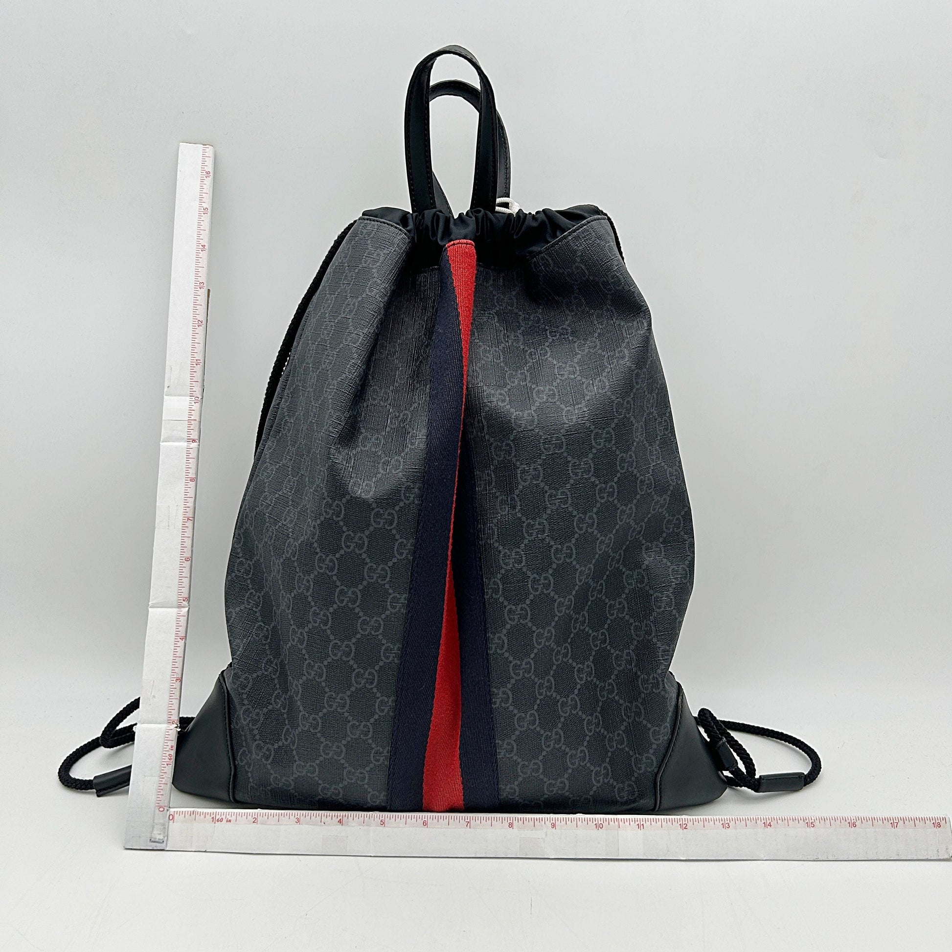 GUCCI Soft GG Supreme Monogram Appia Calfskin Web Drawstring Backpack Black LA2292