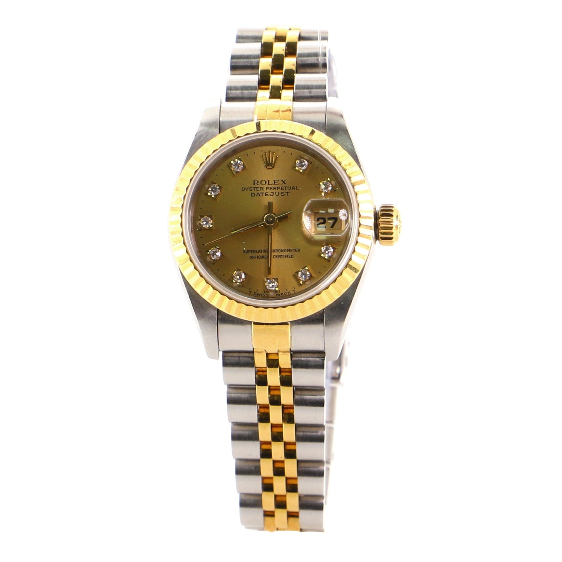 Rolex Oyster Perpetual Datejust Automatic Watch Stainless Steel and Yellow Gold with Diamond Markers 26