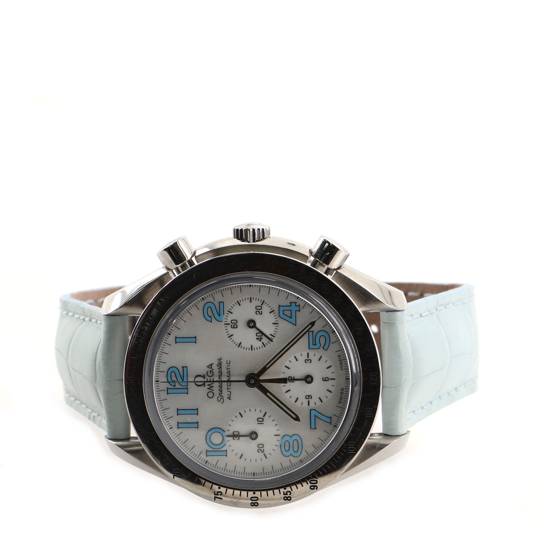 Omega Speedmaster Reduced Chronograph Automatic Watch Stainless Steel and Alligator with Mother of Pearl 39