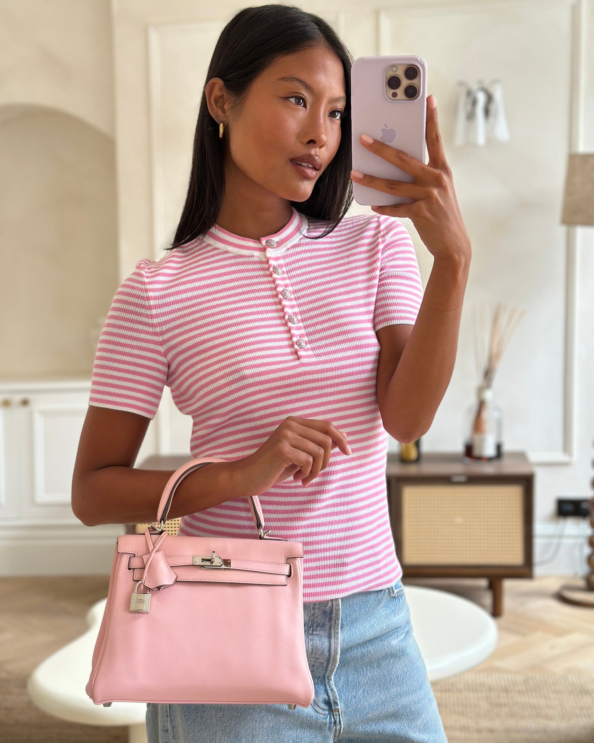 Hermes Kelly Bag 25cm Retourne in Rose Sakura Swift Leather with Palladium Hardware