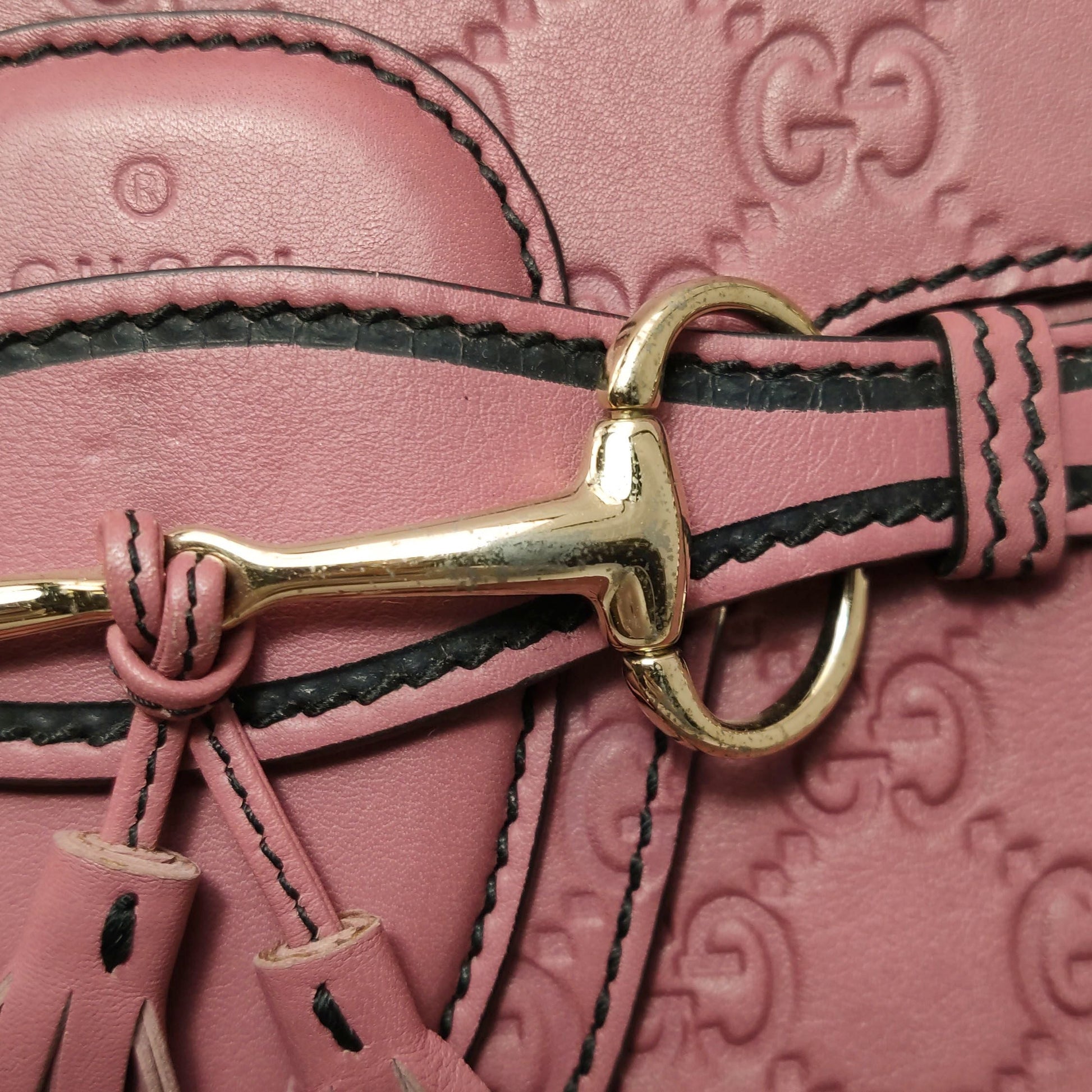 Gucci Emily Leather Signature Embossed Fringe Horsebit Shoulder Bag 047852700363