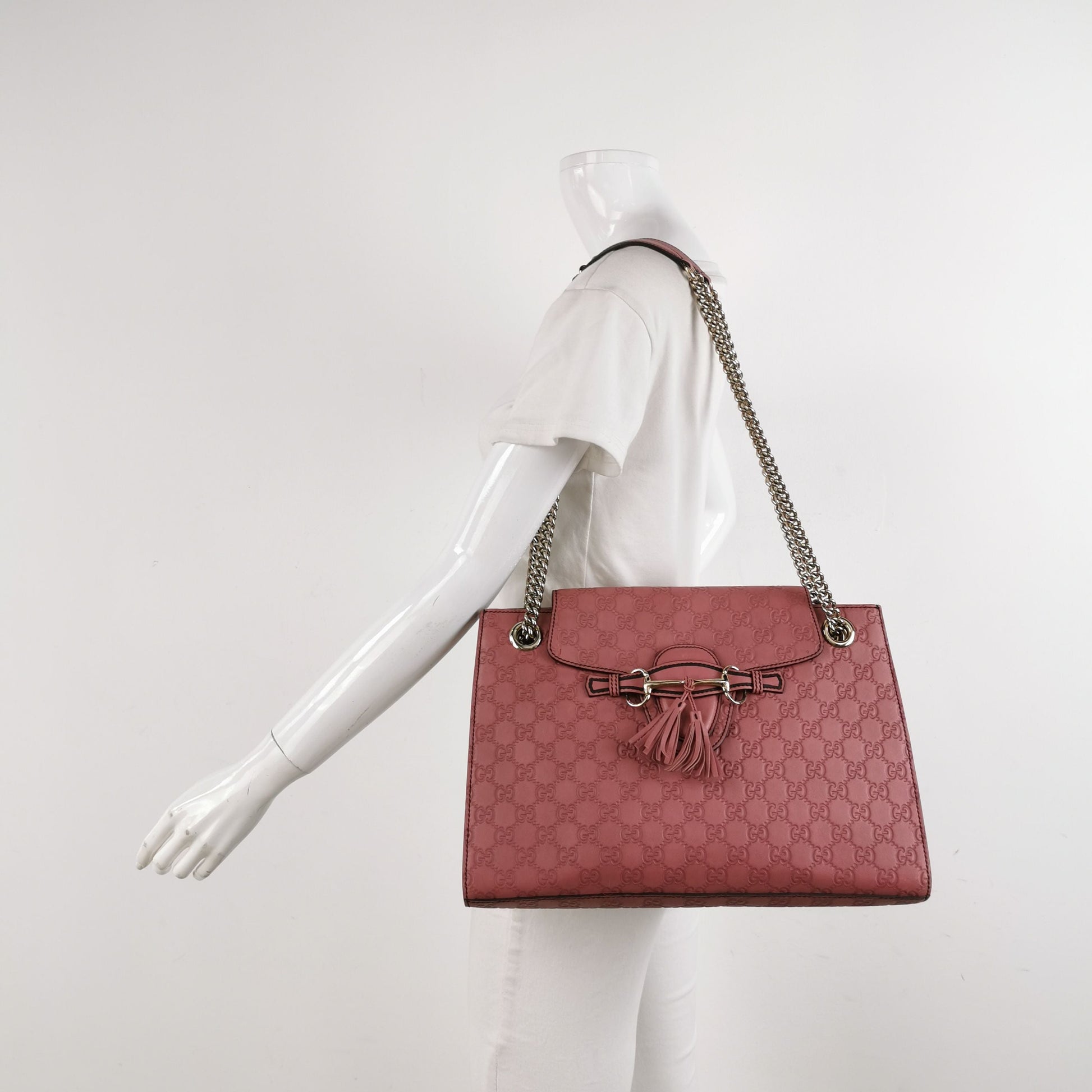 Gucci Emily Leather Signature Embossed Fringe Horsebit Shoulder Bag 047852700363