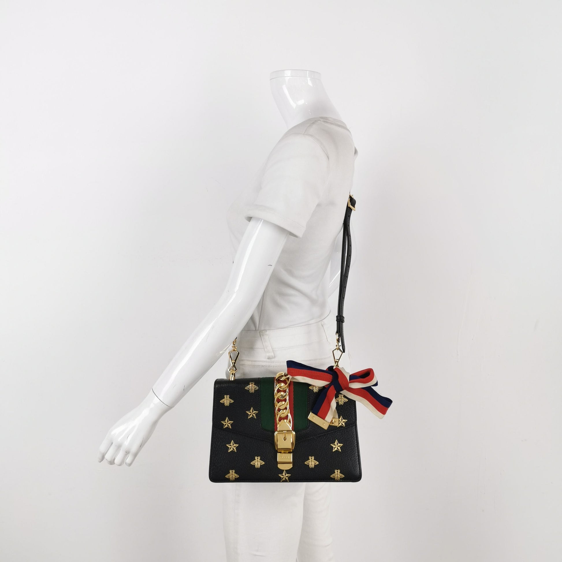 Gucci Sylvie Small Leather Shoulder Bag with Bee and Star Print 250425781164933