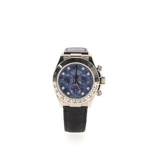 Rolex Oyster Perpetual Cosmograph Daytona Automatic Watch White Gold and Alligator with Sodalite Dial and Diamond Markers 40