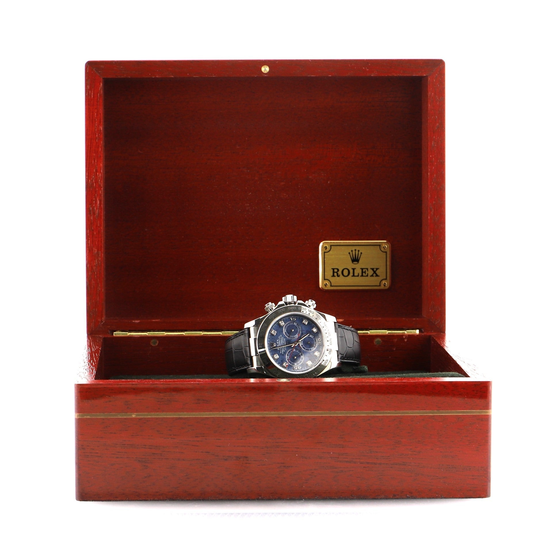 Rolex Oyster Perpetual Cosmograph Daytona Automatic Watch White Gold and Alligator with Sodalite Dial and Diamond Markers 40