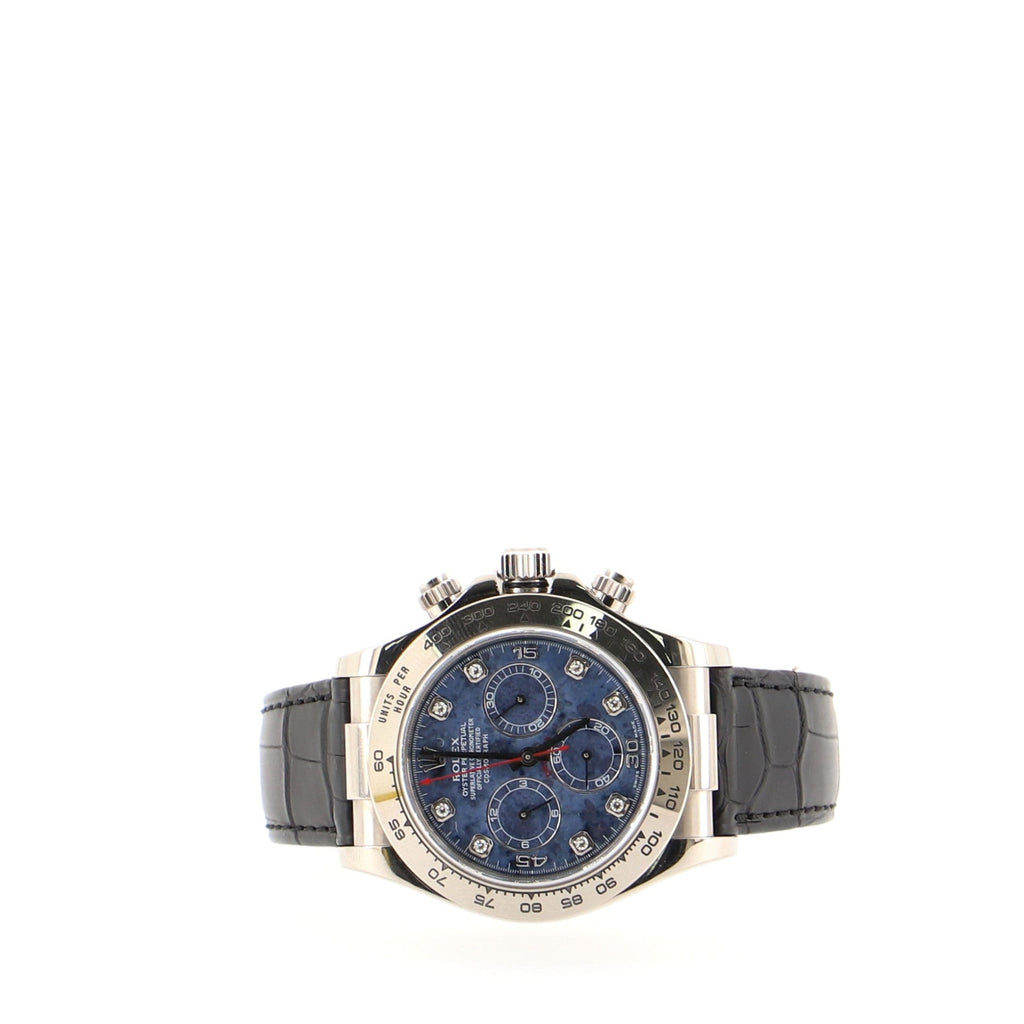 Rolex Oyster Perpetual Cosmograph Daytona Automatic Watch White Gold and Alligator with Sodalite Dial and Diamond Markers 40