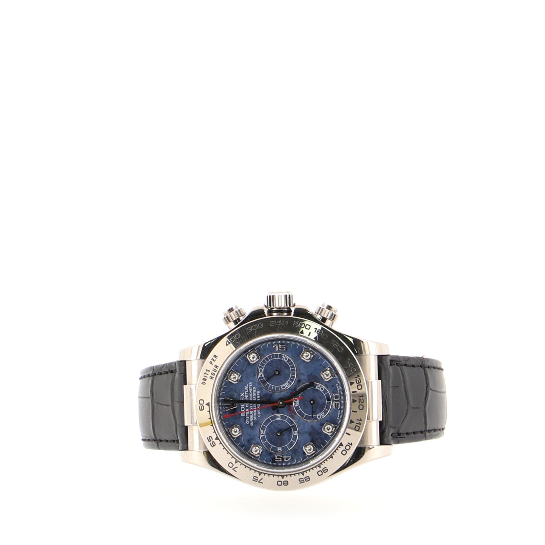 Rolex Oyster Perpetual Cosmograph Daytona Automatic Watch White Gold and Alligator with Sodalite Dial and Diamond Markers 40