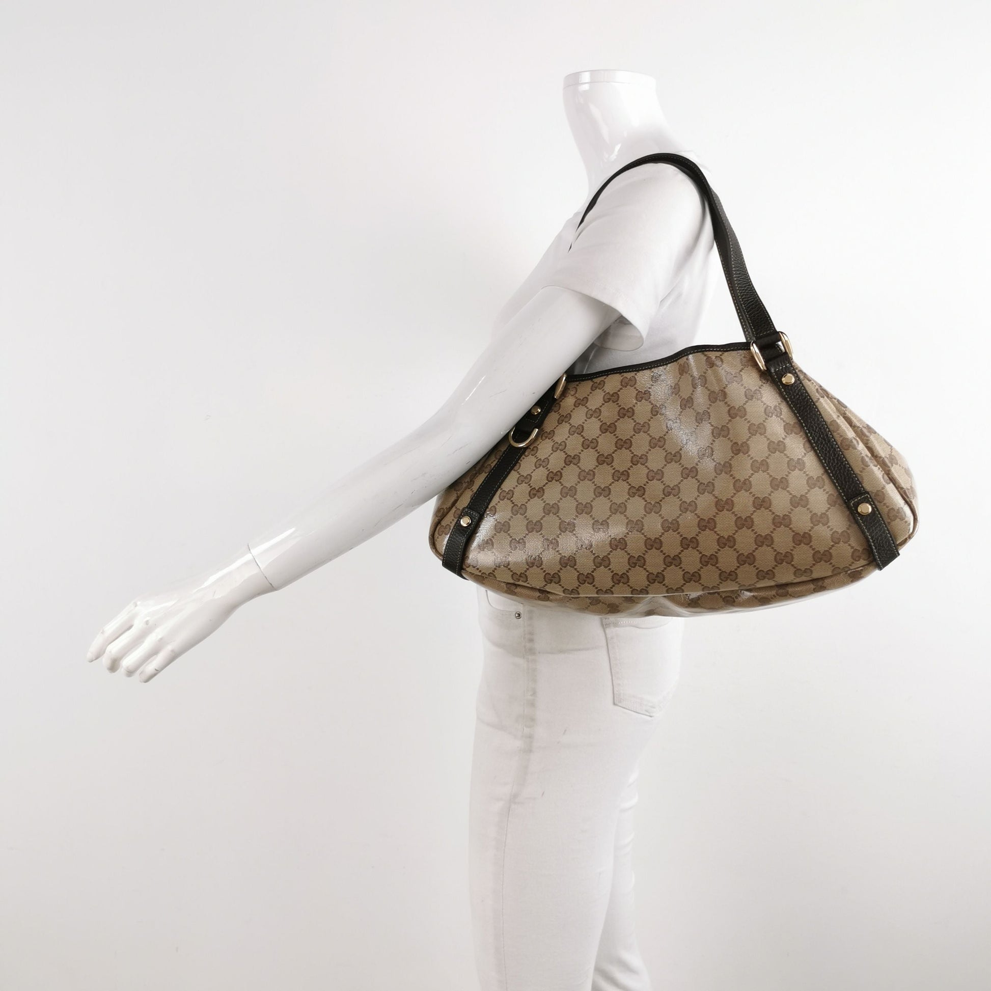 Gucci Abbey Leather Coated Canvas GG Monogram D-Ring Shoulder Bag 067850400216
