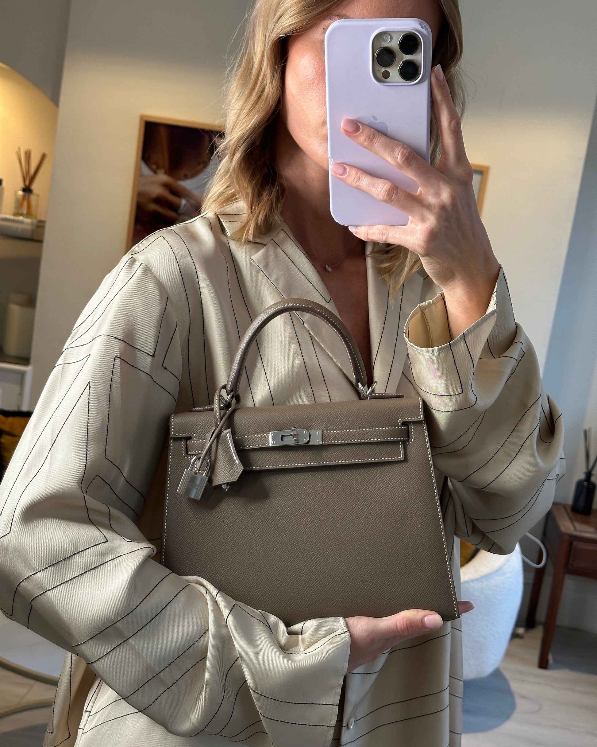 Hermes Kelly Sellier 25cm Bag in Etoupe Epsom Leather with Palladium Hardware