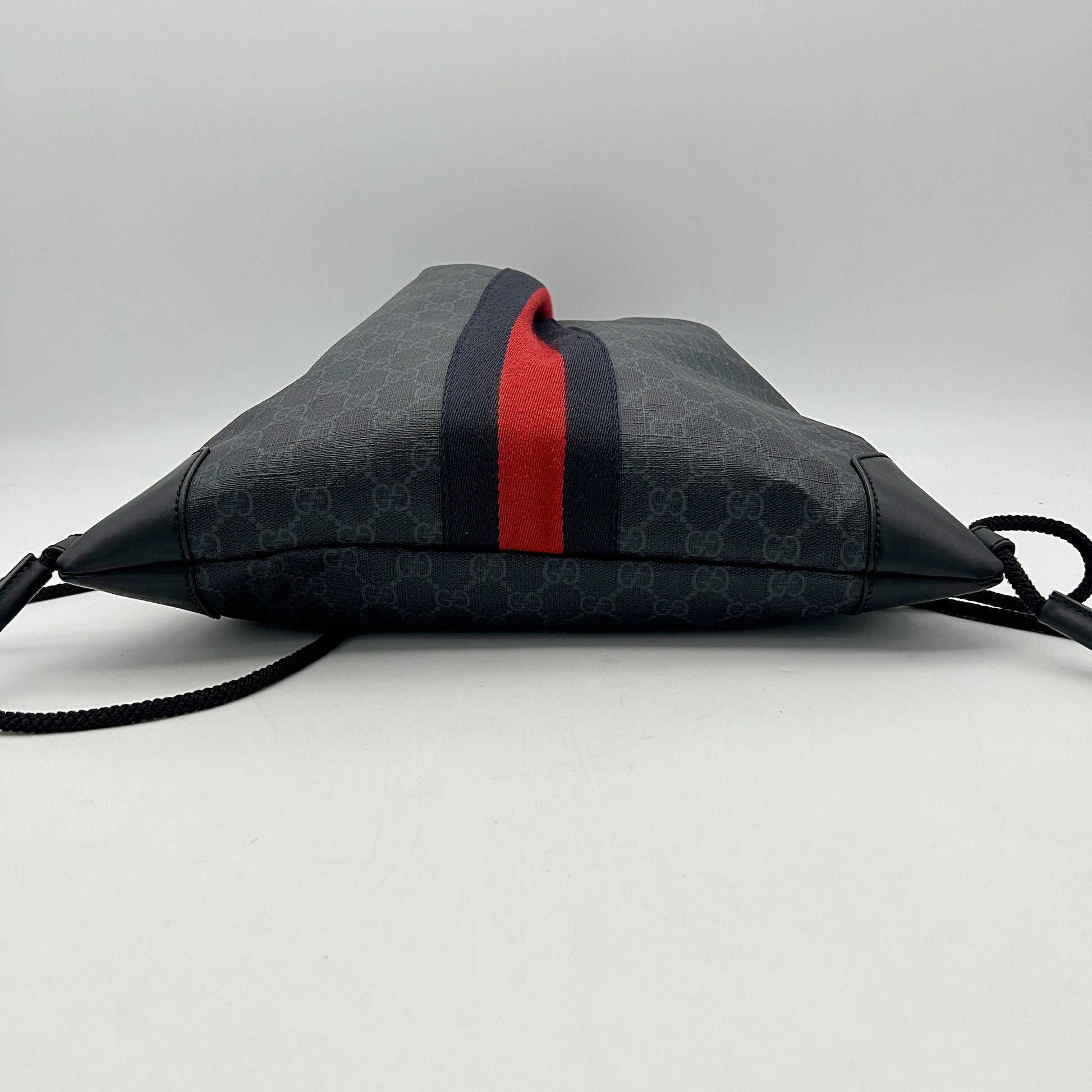 GUCCI Soft GG Supreme Monogram Appia Calfskin Web Drawstring Backpack Black LA2292