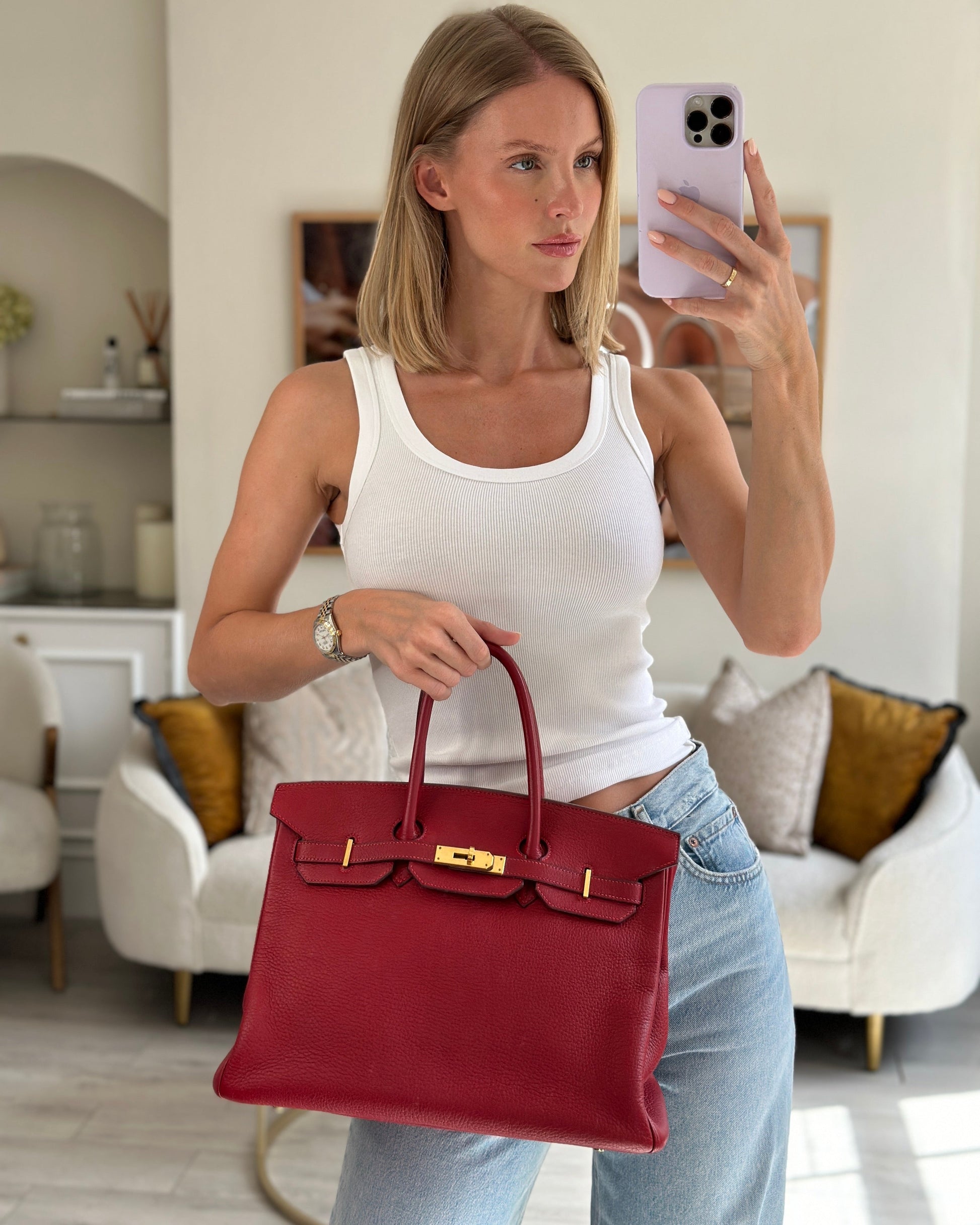 Hermes Birkin 35cm Retourne Bag in Rouge Clemence Leather with Gold Hardware
