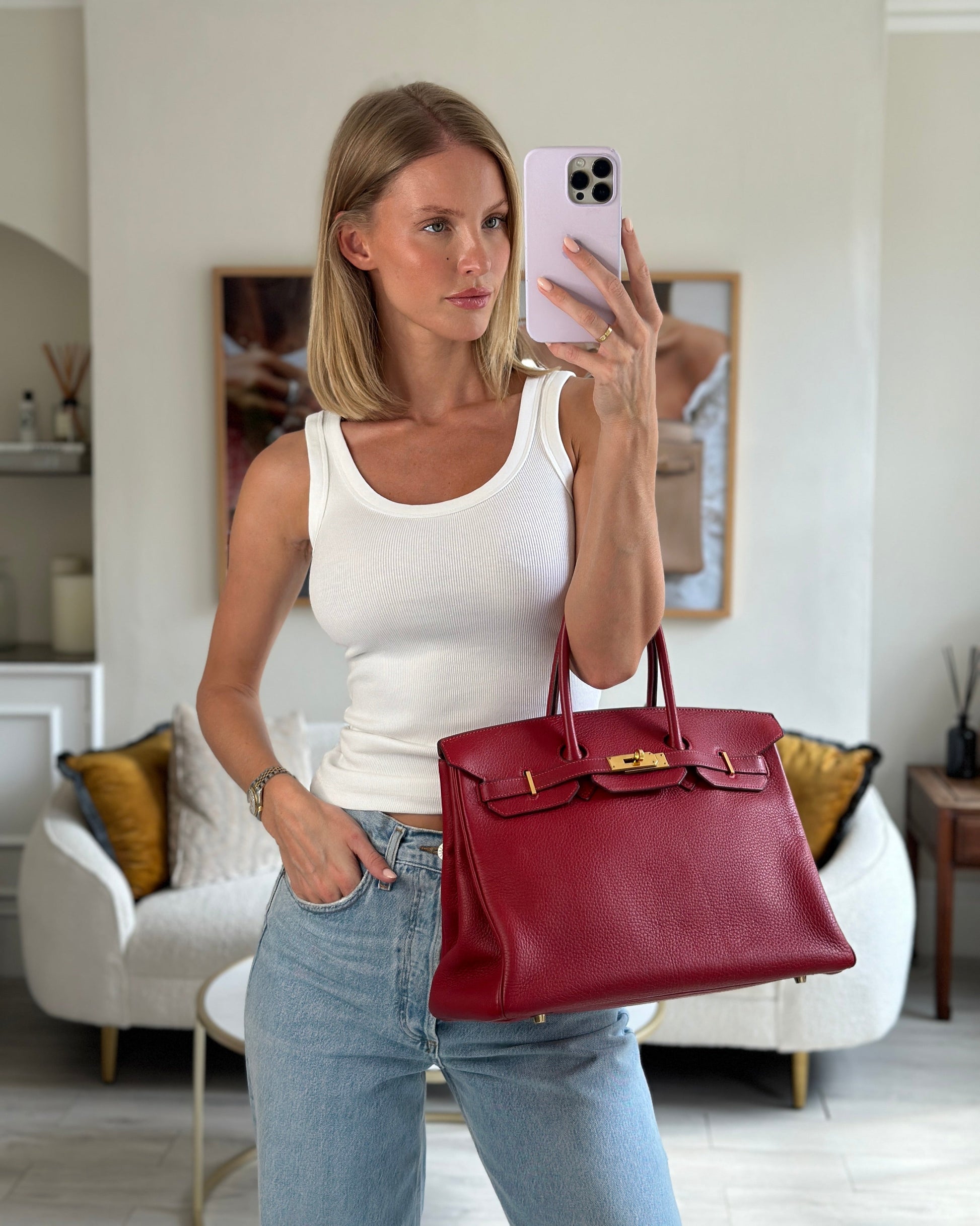 Hermes Birkin 35cm Retourne Bag in Rouge Clemence Leather with Gold Hardware