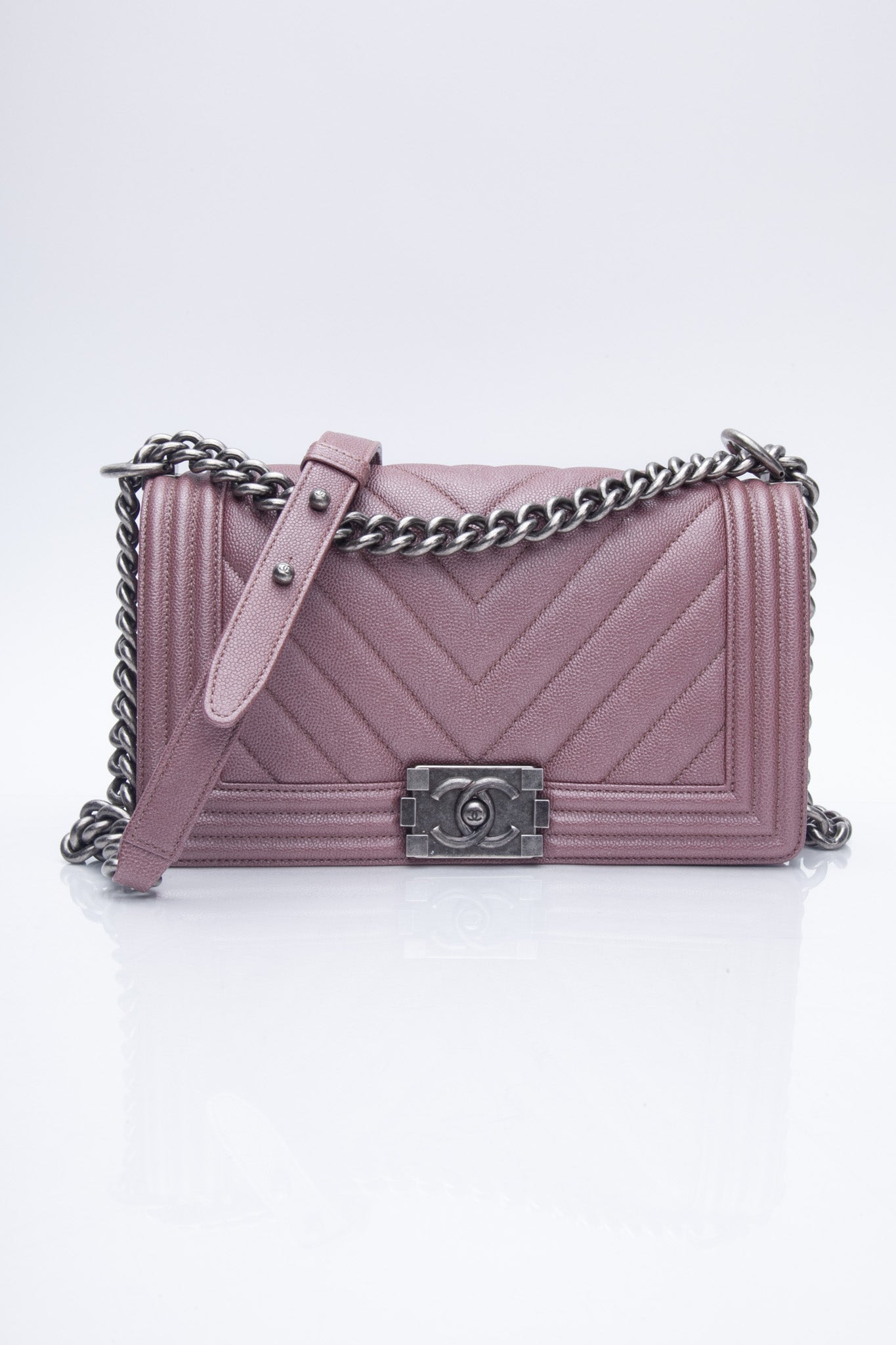 CHANEL Dark Pink Metallic Caviar Chevron Quilted Medium Boy Flap bag