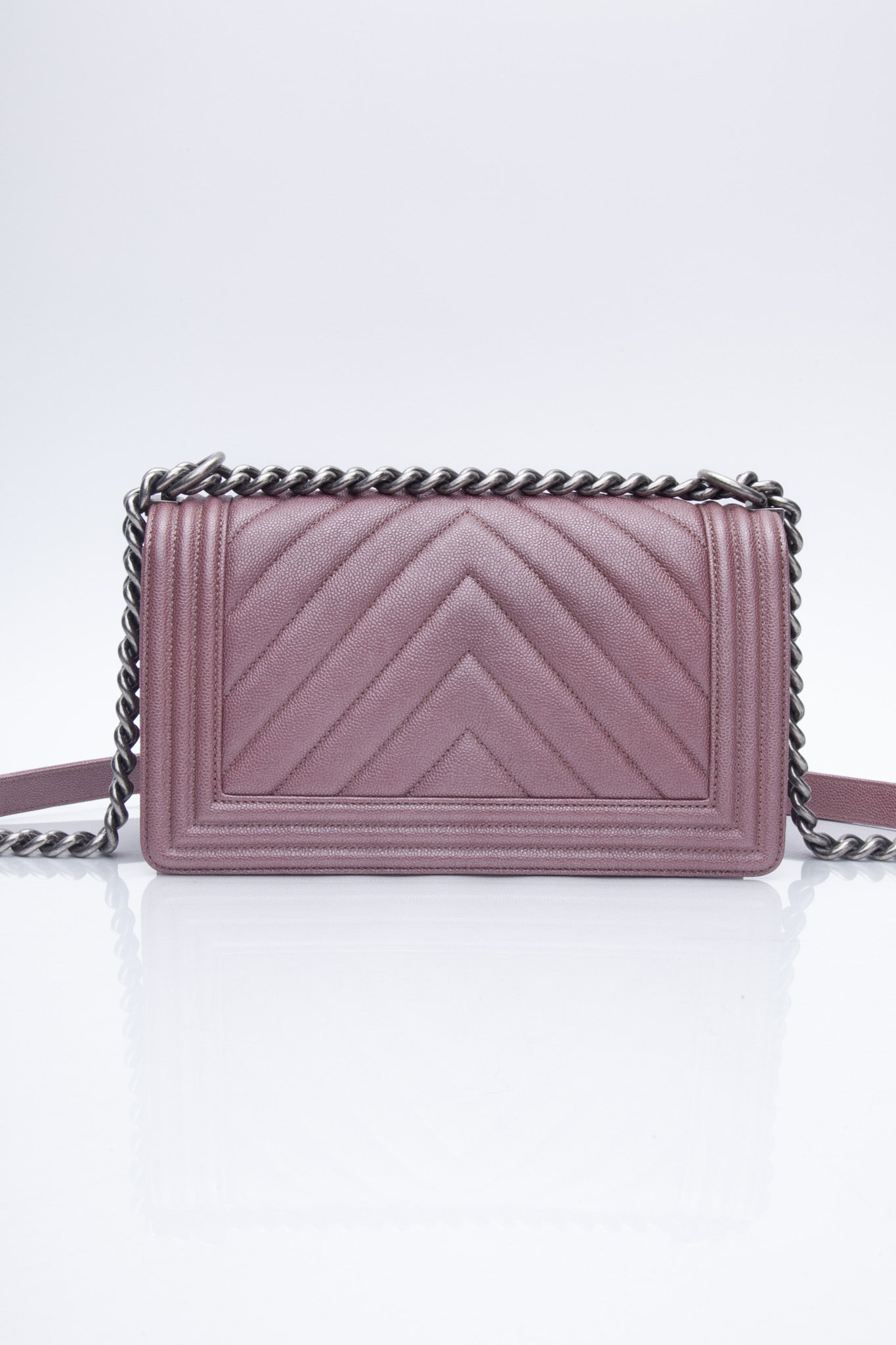 CHANEL Dark Pink Metallic Caviar Chevron Quilted Medium Boy Flap bag