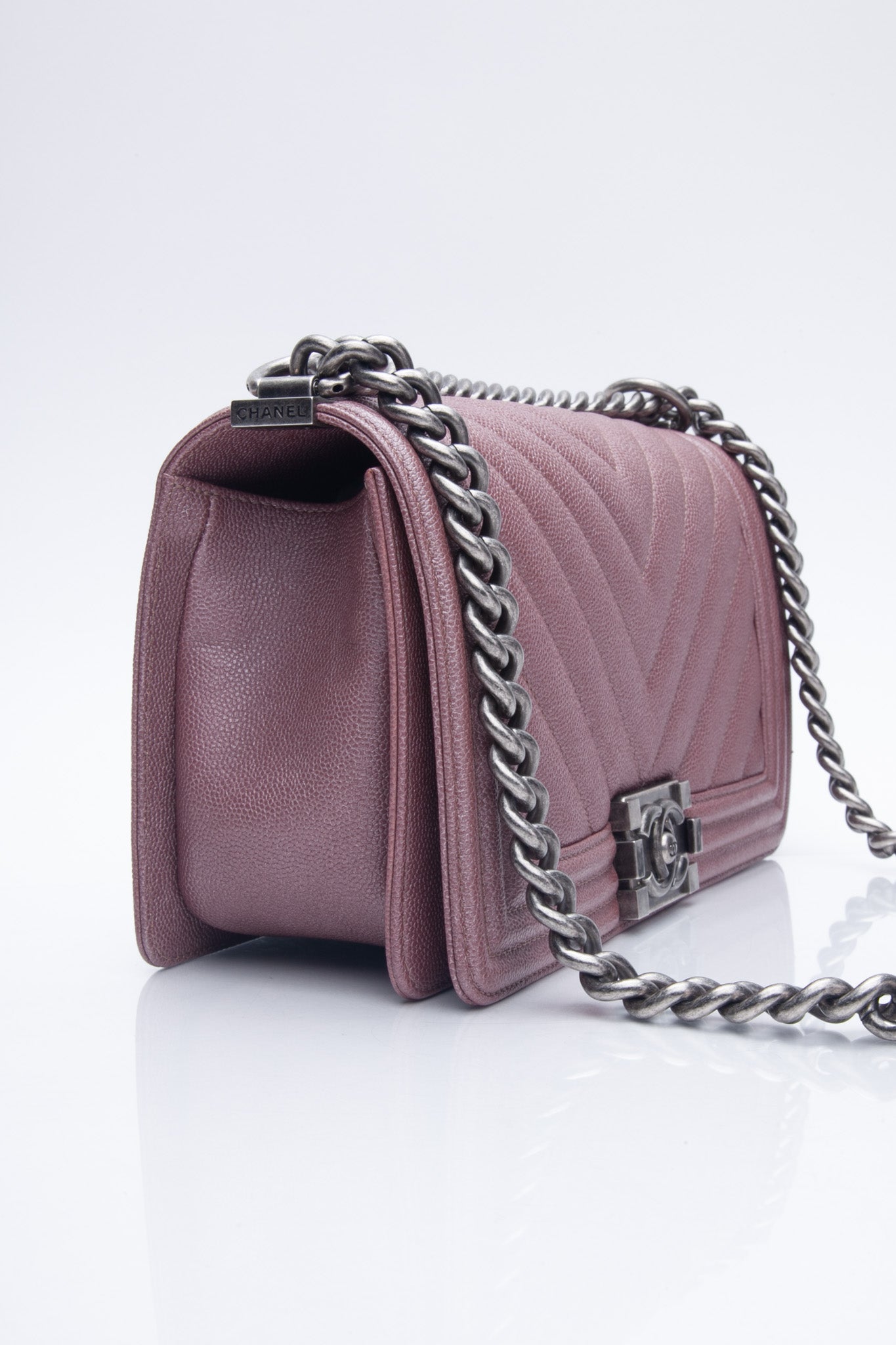 CHANEL Dark Pink Metallic Caviar Chevron Quilted Medium Boy Flap bag