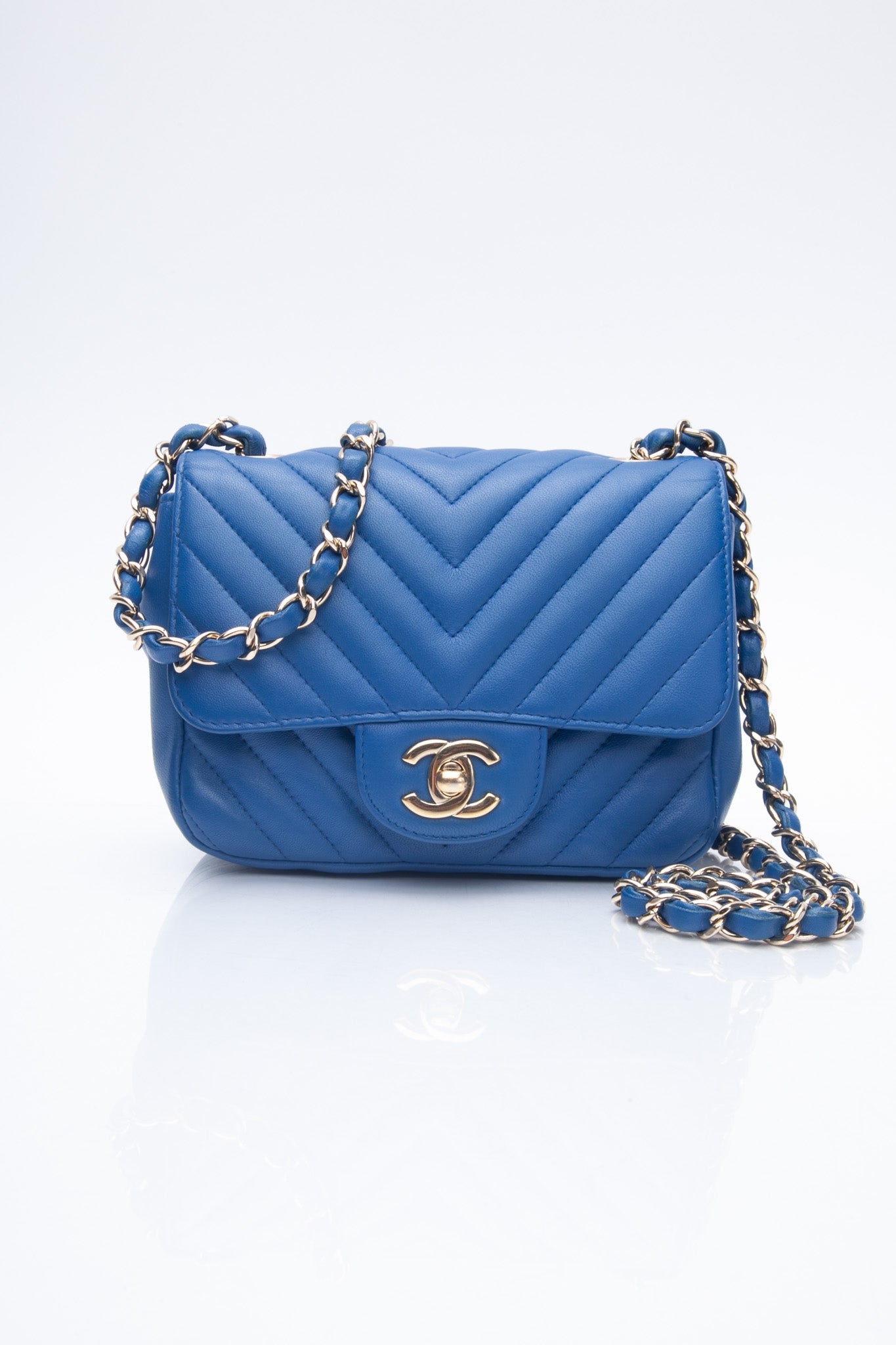 CHANEL Chevron Lambskin Blue Leather Square Mini Flap Bag