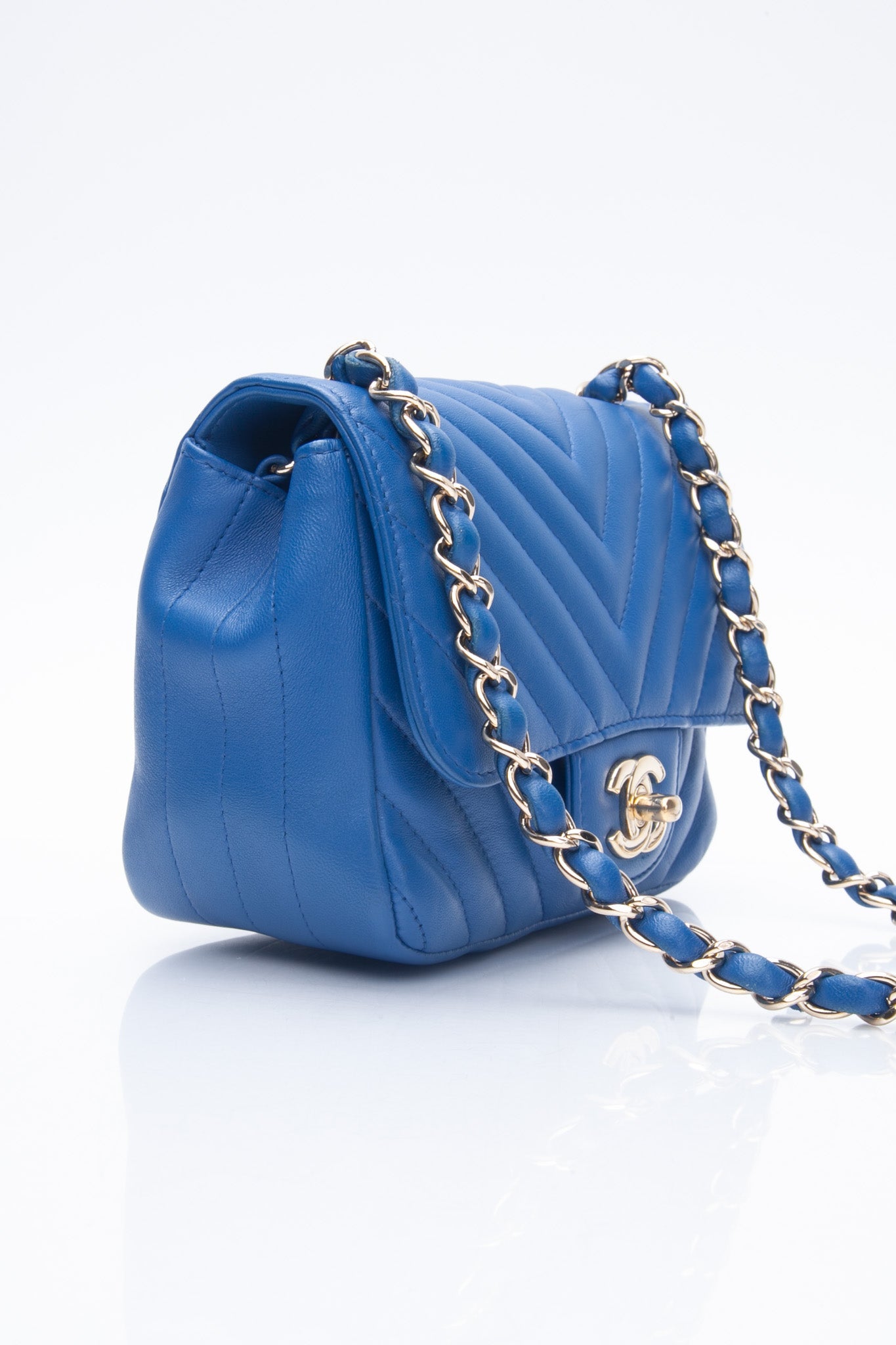 CHANEL Chevron Lambskin Blue Leather Square Mini Flap Bag