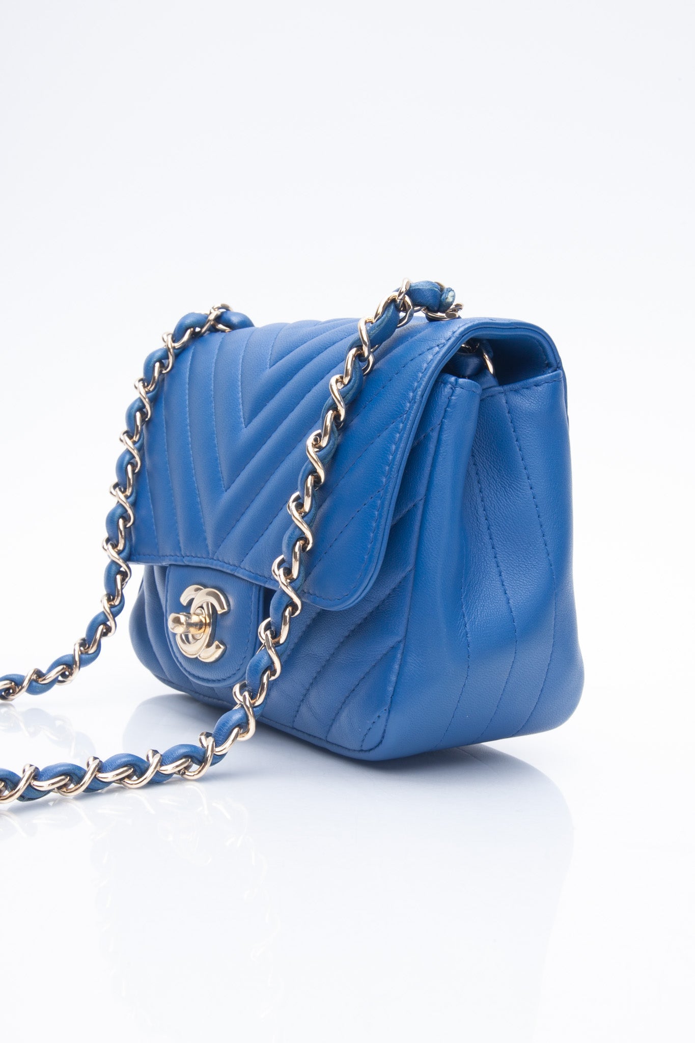 CHANEL Chevron Lambskin Blue Leather Square Mini Flap Bag
