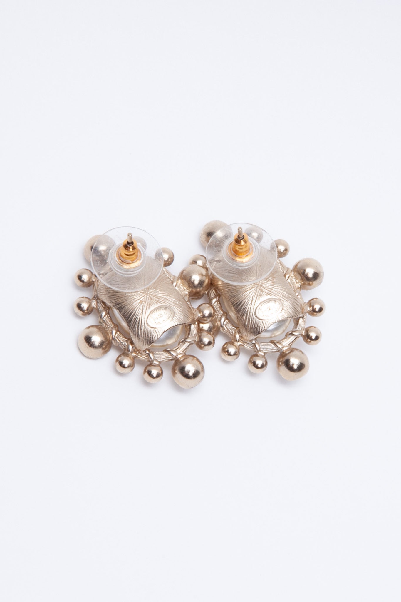 CHANEL CC Faux Pearl Crystal Gold Tone Stud Earrings