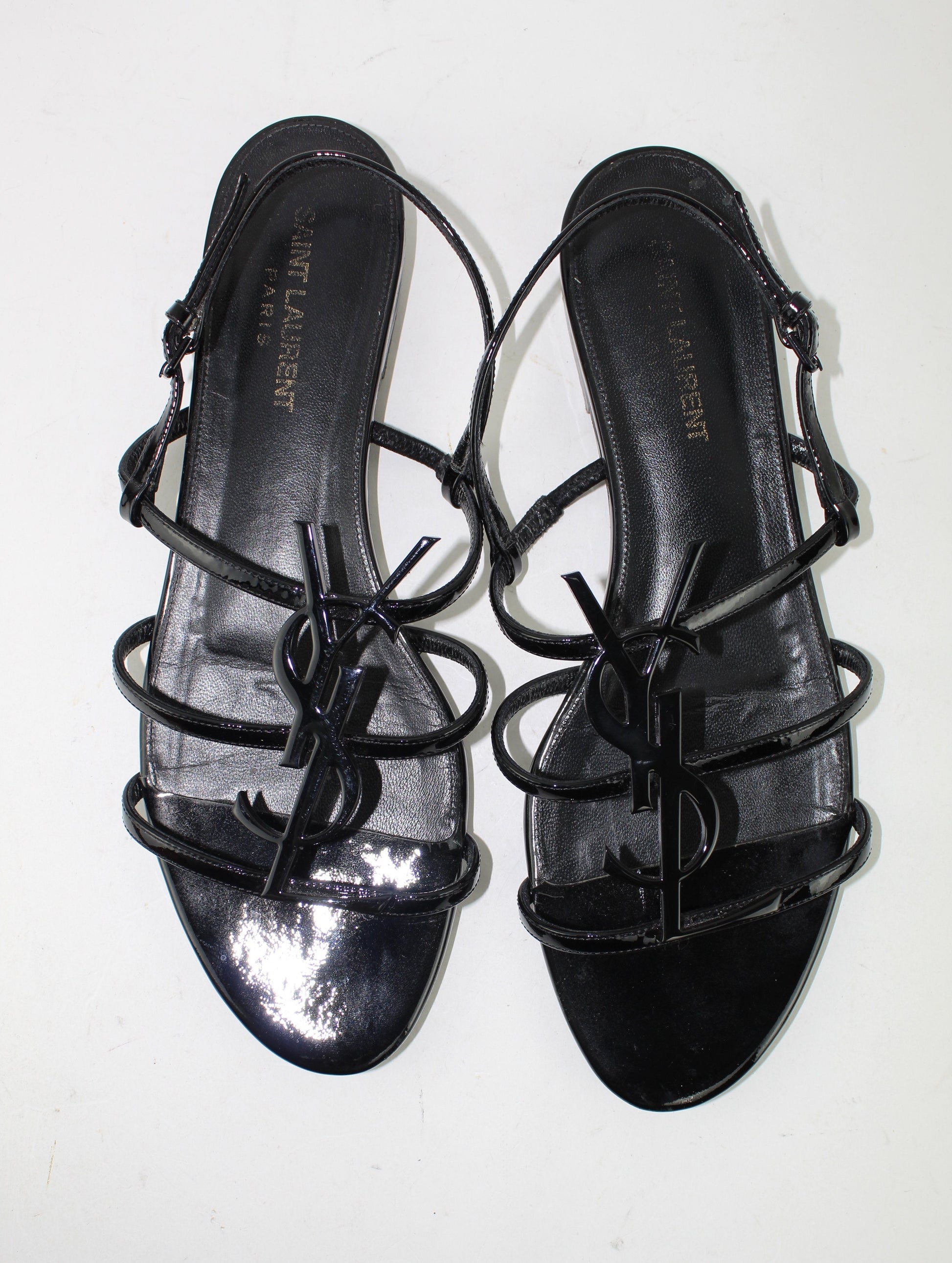 SAINT LAURENT CASSANDRA YSL LOGO FLAT METALLIC SANDALS SIZE 38.5
