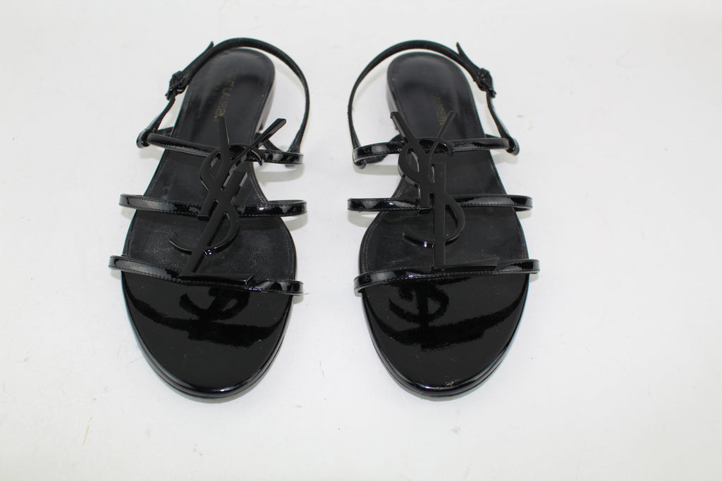 SAINT LAURENT CASSANDRA YSL LOGO FLAT METALLIC SANDALS SIZE 38.5