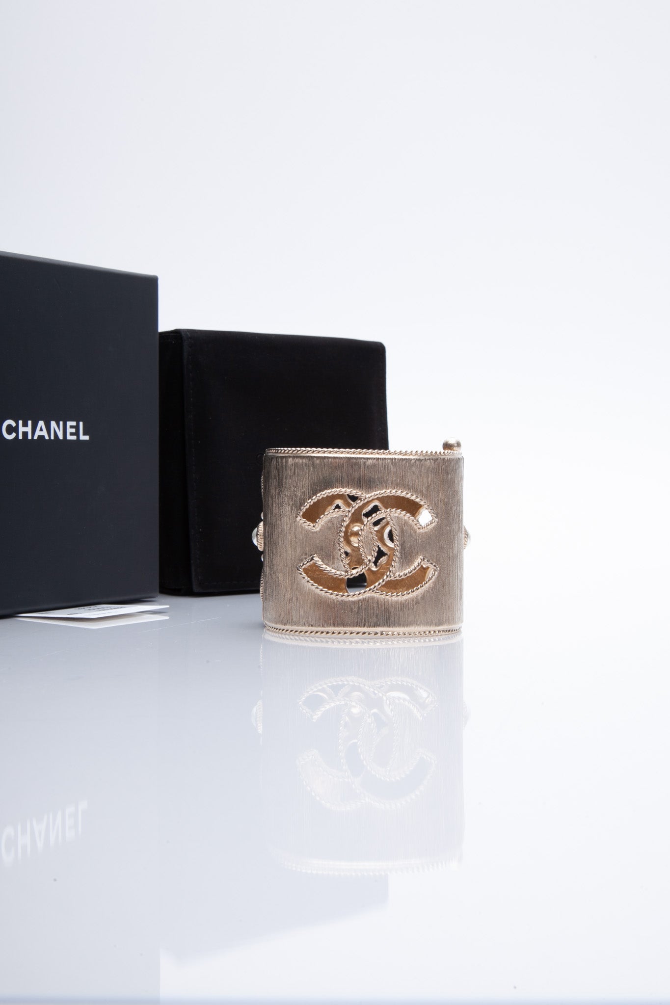 CHANEL Faux Pearl CC Cuff Hinged Bracelet