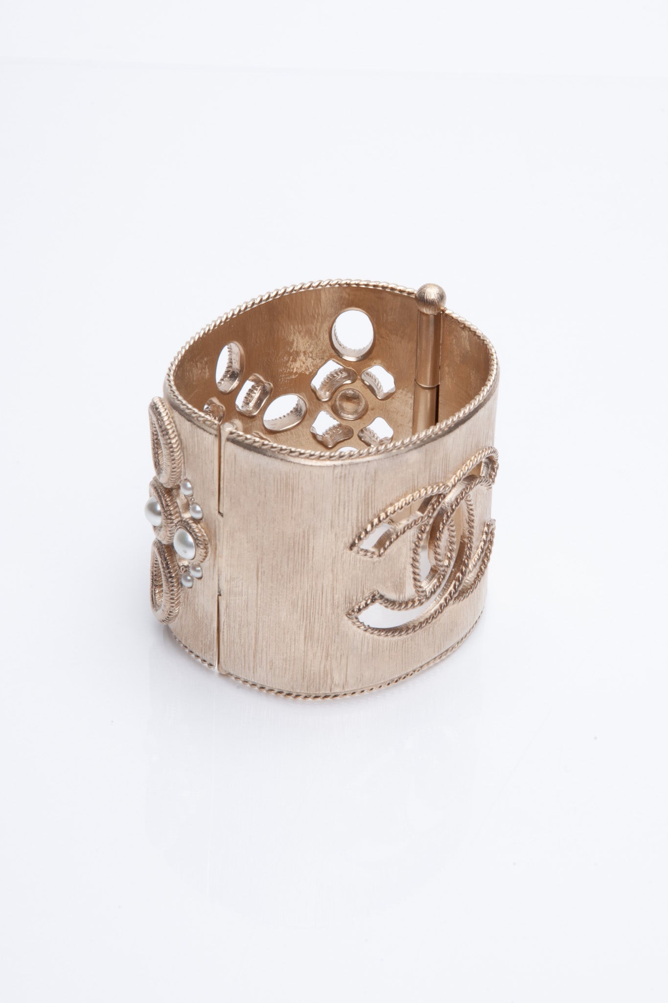 CHANEL Faux Pearl CC Cuff Hinged Bracelet