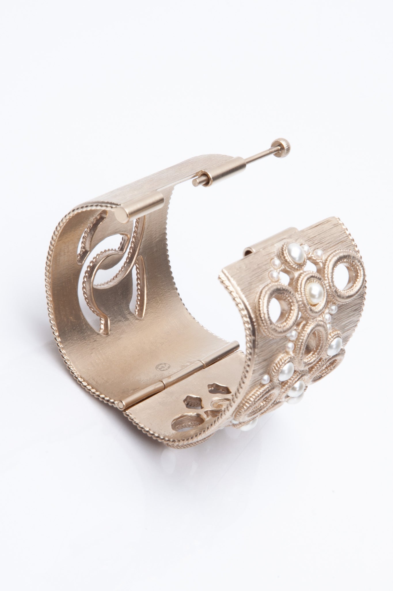 CHANEL Faux Pearl CC Cuff Hinged Bracelet