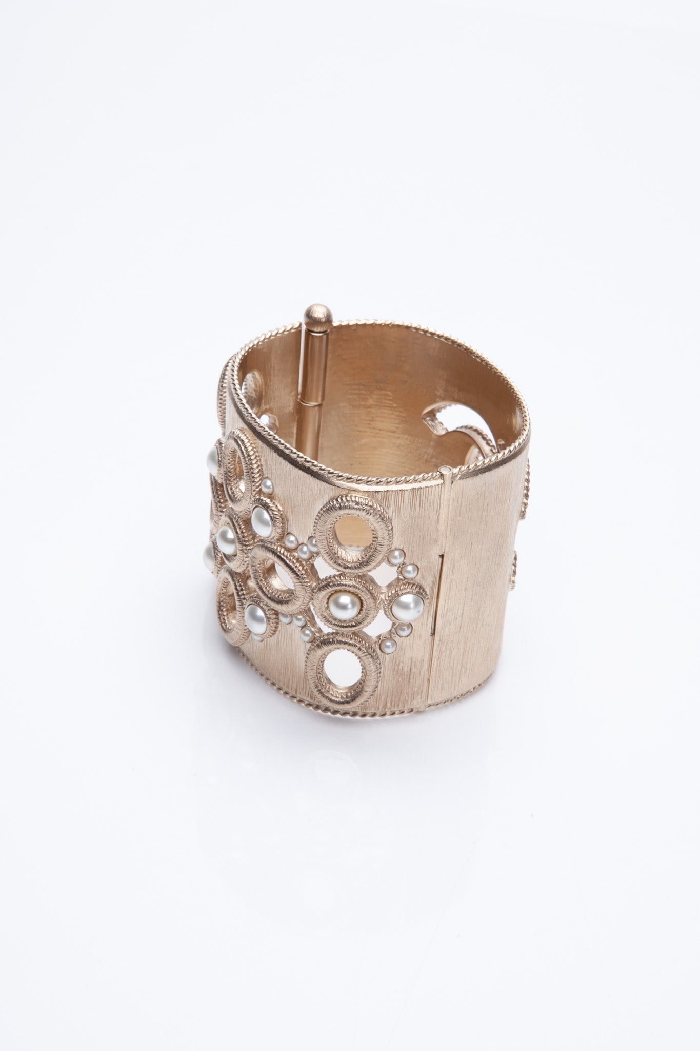 CHANEL Faux Pearl CC Cuff Hinged Bracelet