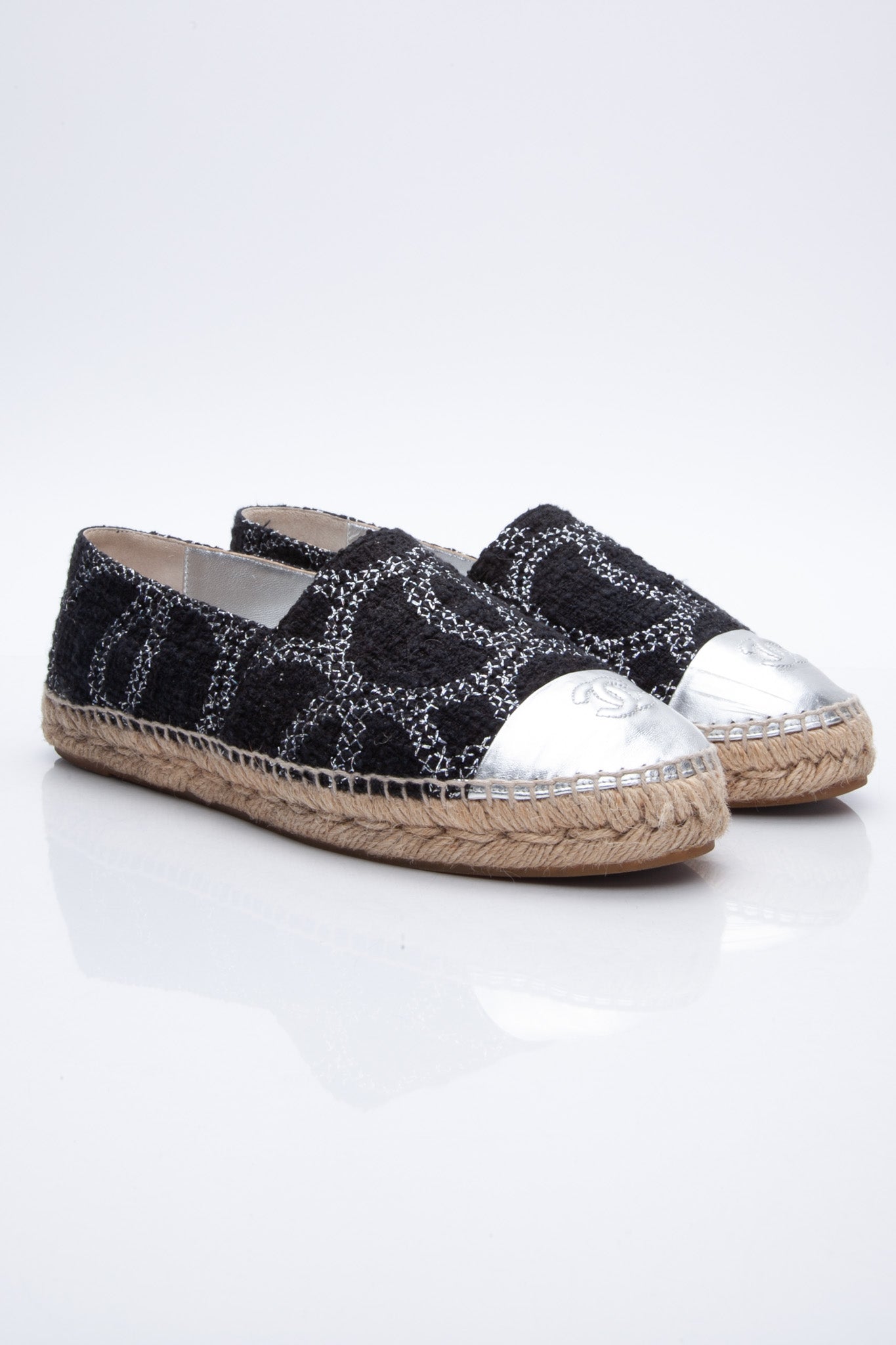 CHANEL Black Silver CC Espadrilles 41